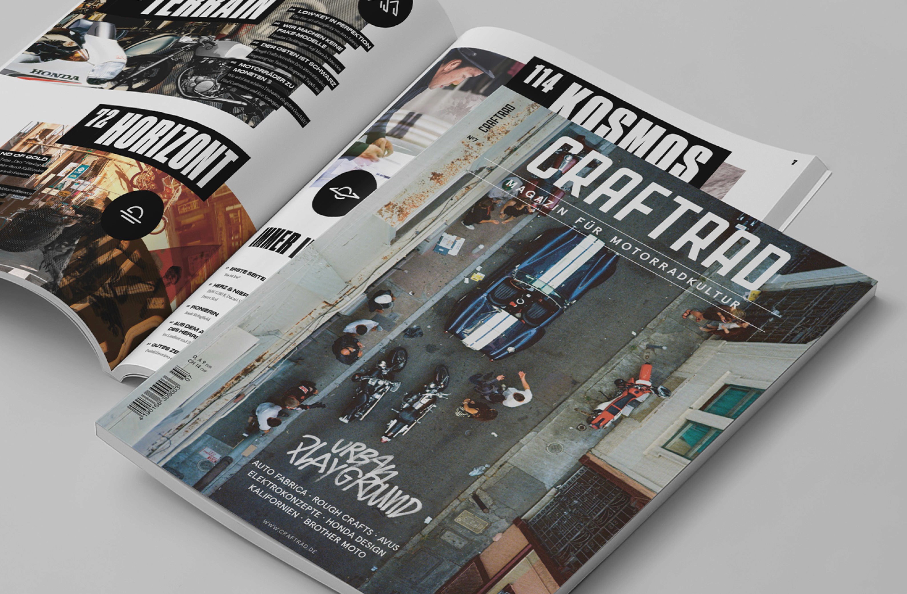 Stylish motorcycle magazine featuring unique car designs and urban culture, displayed open to showcase vibrant layouts.