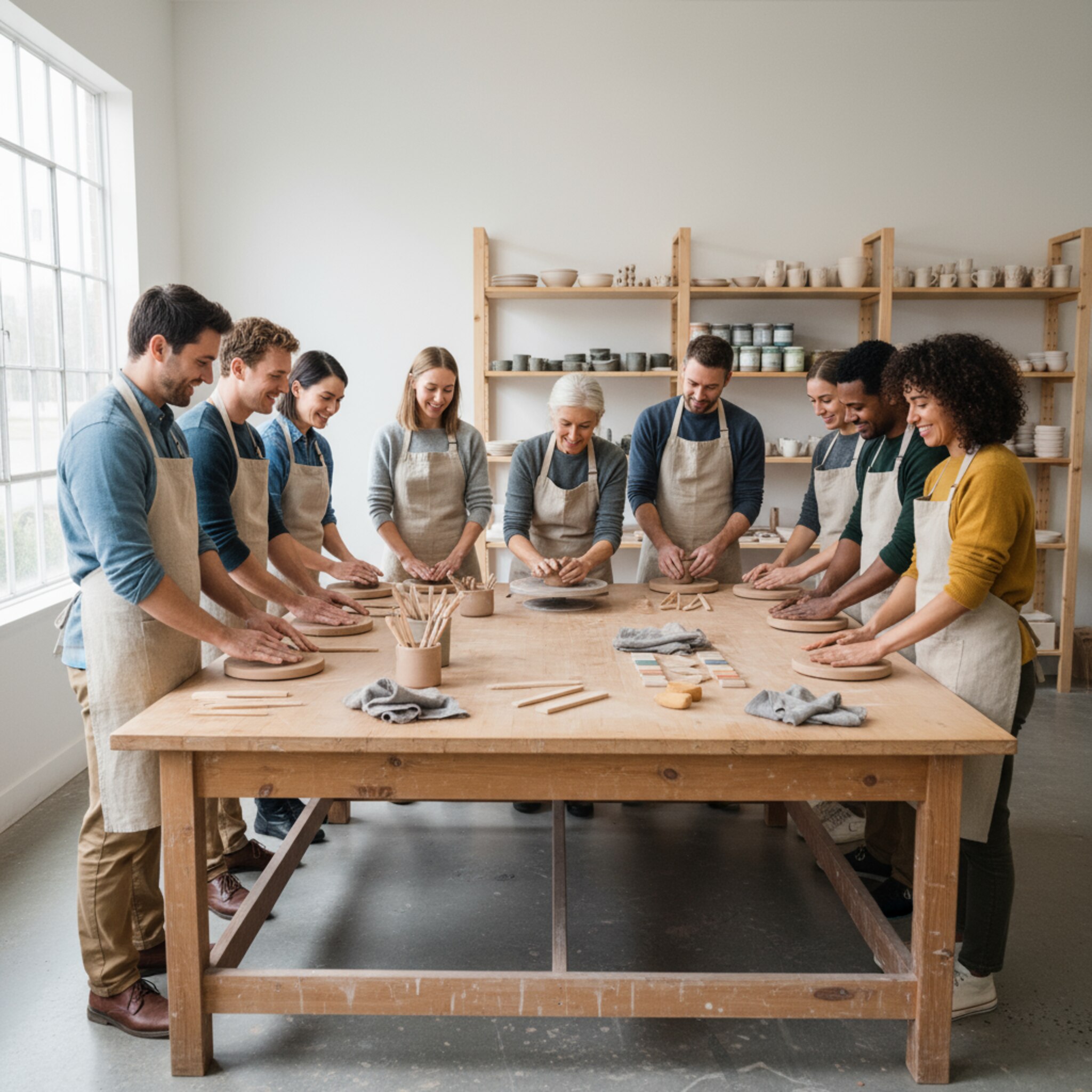 Eine Gruppe in Leinentaschen und Schürzen steht um einen großen Arbeitstisch, lacht und knetet Tonplatten. Ein Instructor zeigt einen präzisen Handgriff, der Blick der Teilnehmenden folgt aufmerksam. Auf dem Tisch liegen Modelierwerkzeuge und nasse Tücher. Das Studio wirkt hell, freundlich und einladend.