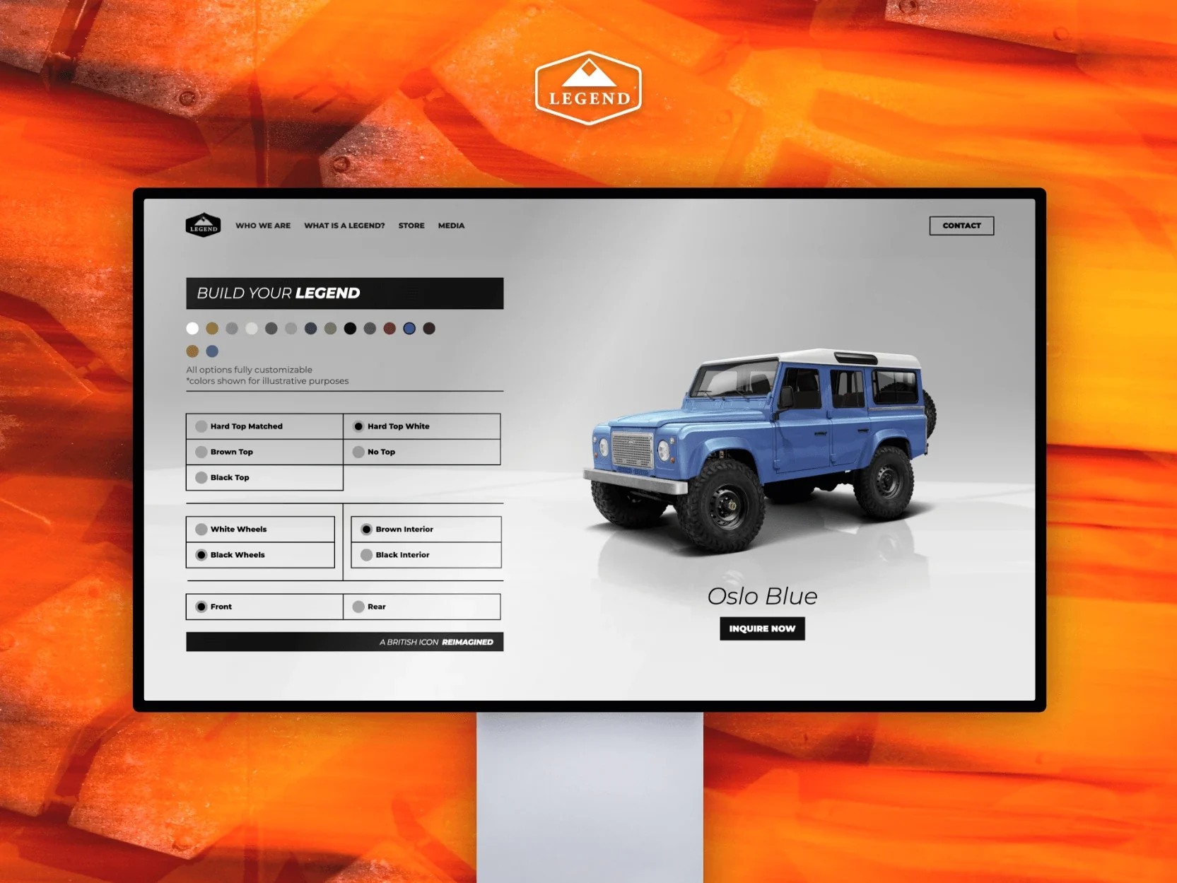 A car configurator website on a monitor — build your own blue off-roader — against an orange backdrop