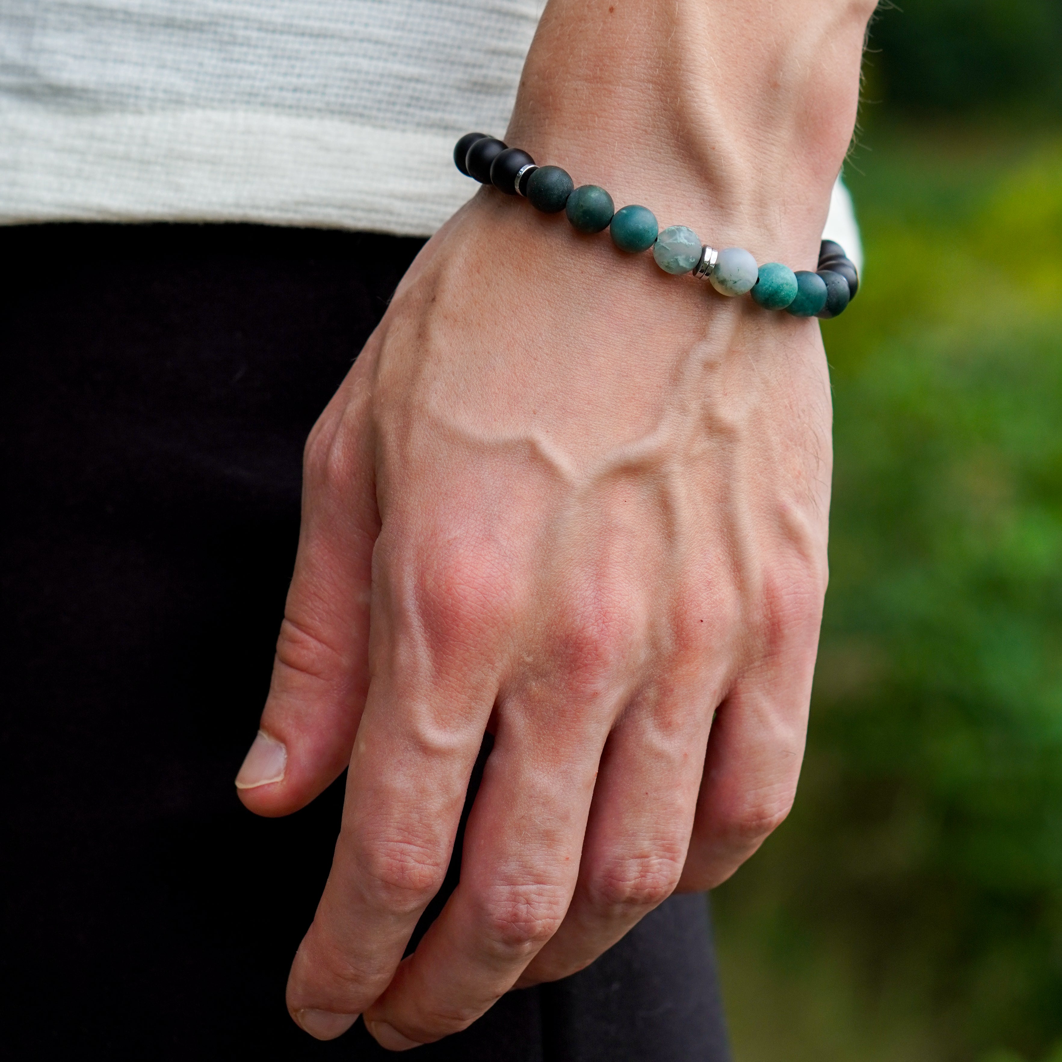 Stylowa męska bransoletka z kamieni naturalnych agat mszysty, lawa i hematyt na nadgarstku CORE dla mężczyzn na prezent