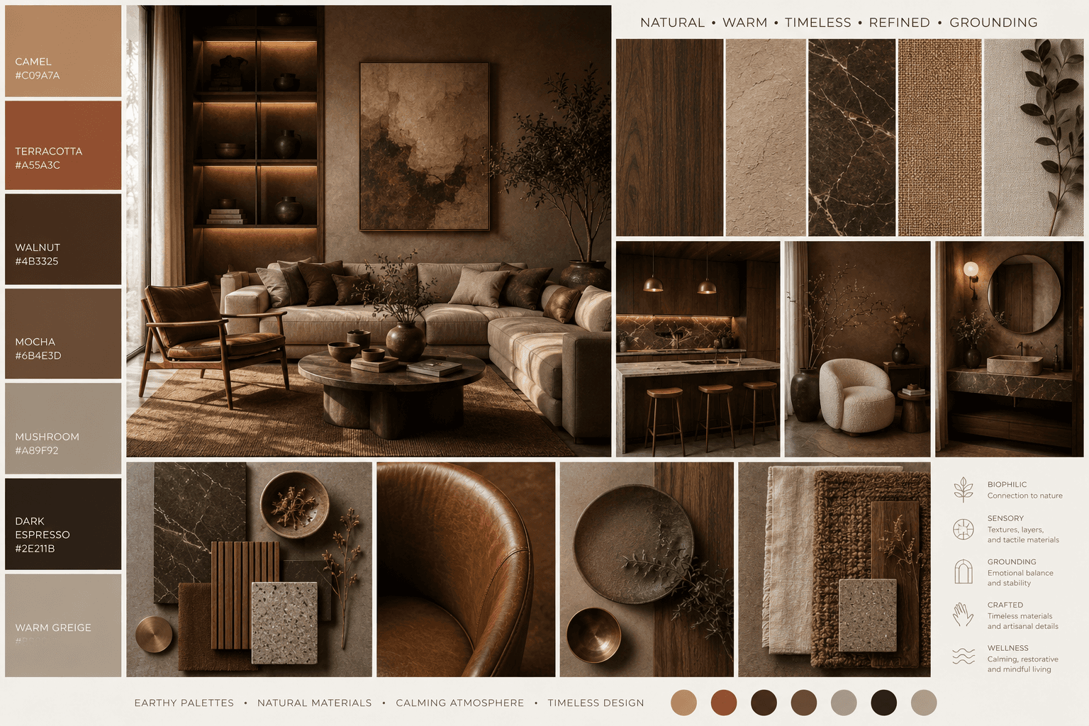 Earthy modern interior mood board featuring warm neutral palettes, walnut textures, ambient lighting, natural materials, and a timeless luxury aesthetic.
