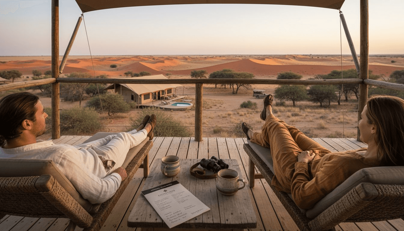Couple relaxing on luxury safari lodge deck