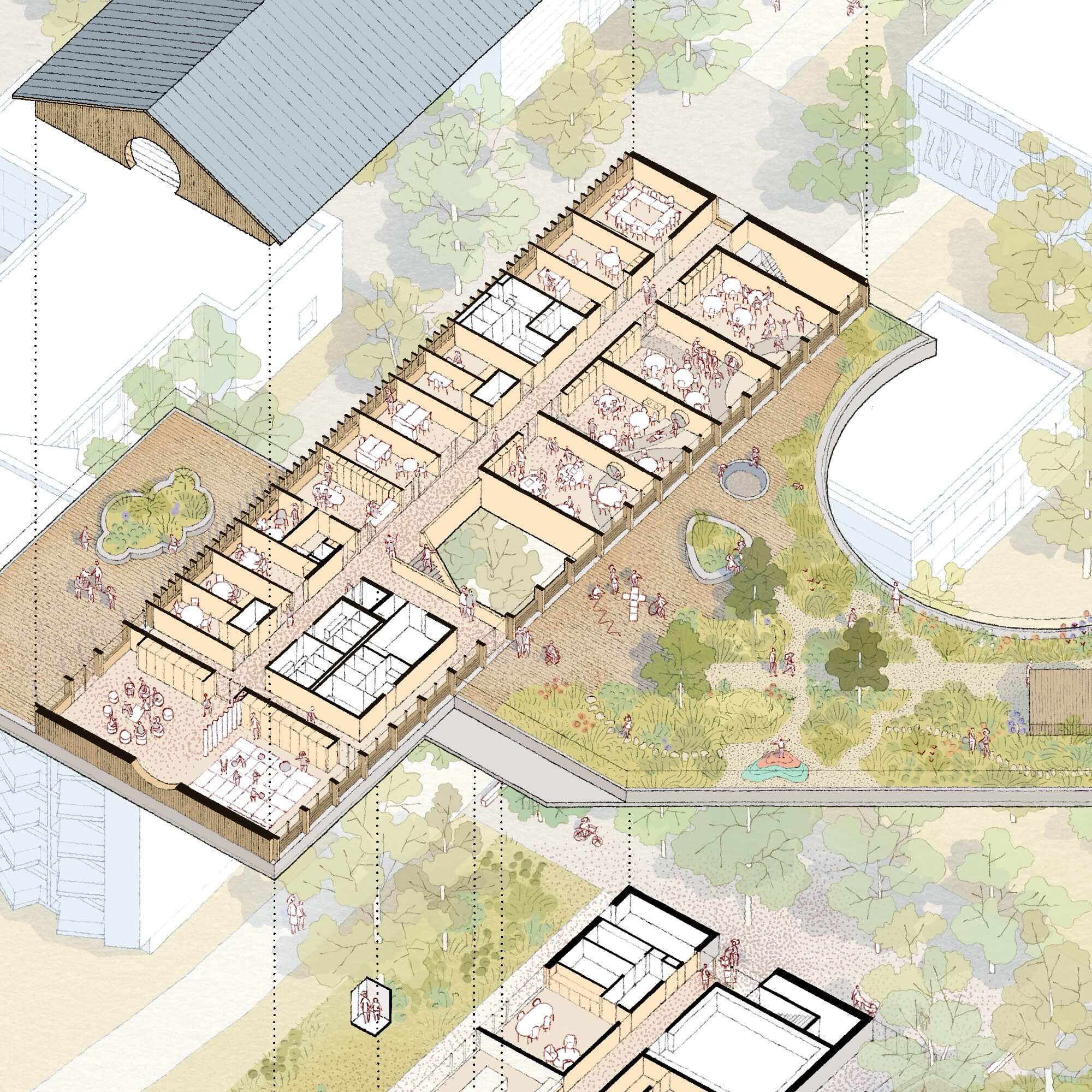Aerial view of a building layout with multiple rooms, pathways, and surrounding greenery.
