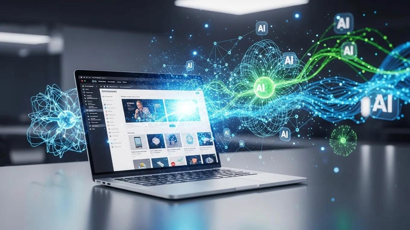 Laptop displaying AI features with abstract representations of technology and data