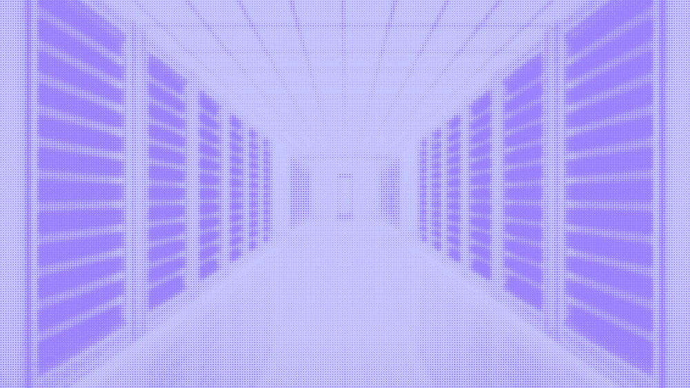 Data hall aisle lined with server racks, rendered as a purple halftone