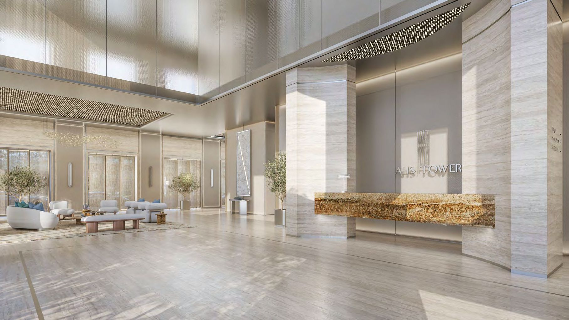 Grand lobby entrance of Ash Tower. Professional real estate services for exclusive residential access.