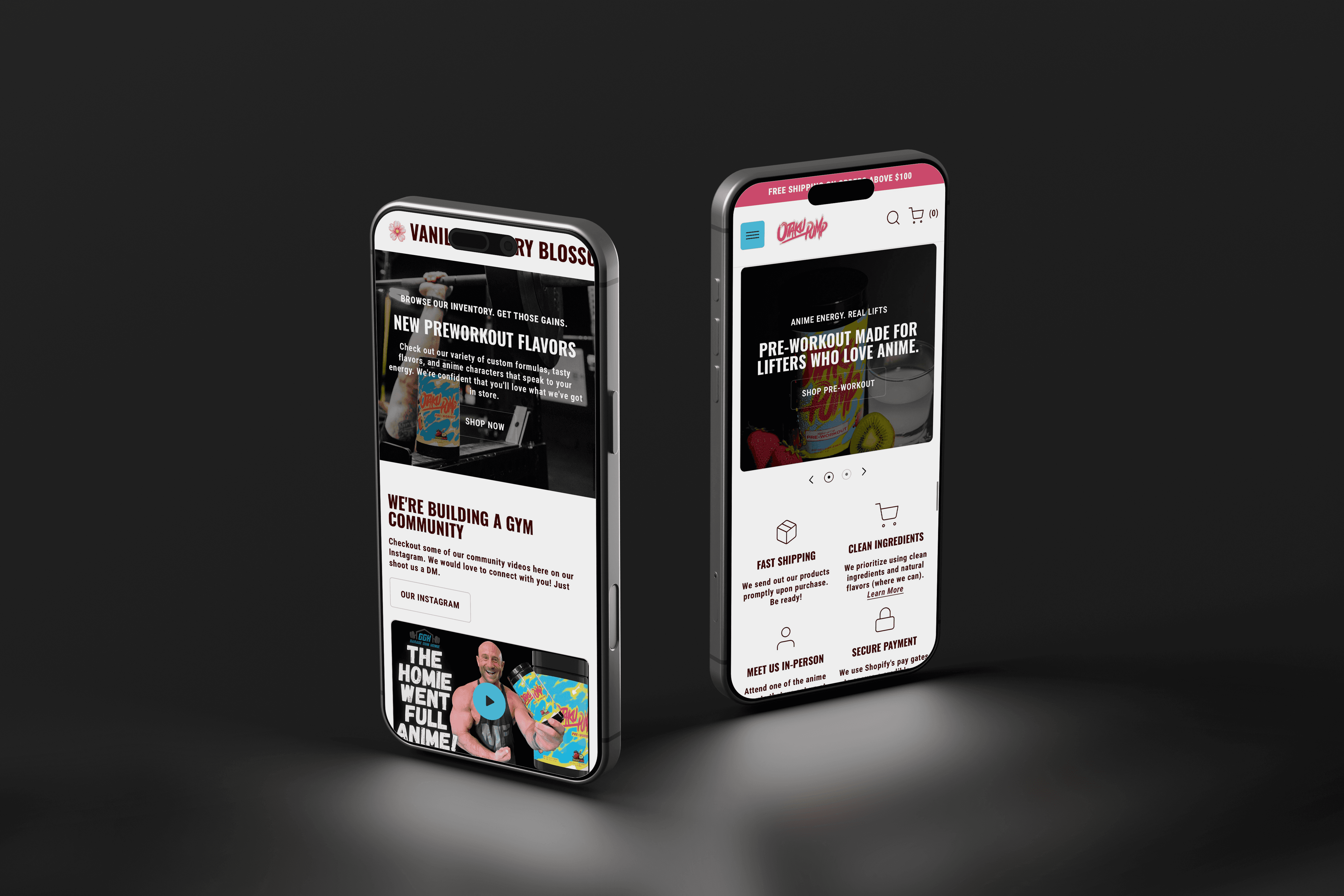 two phones in a dark room displaying a website on different pages