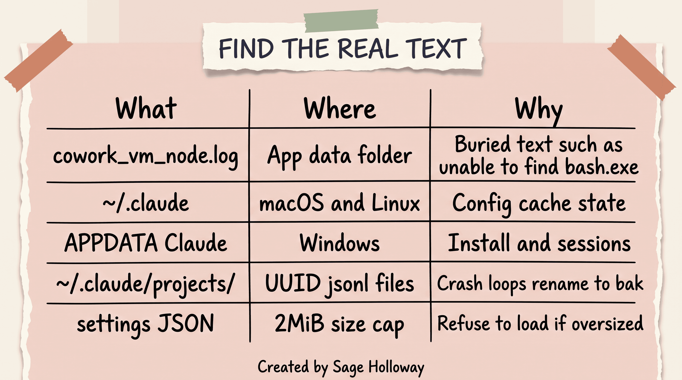 Table of Claude Code hidden log and config paths including cowork_vm_node.log, ~/.claude, and Windows AppData