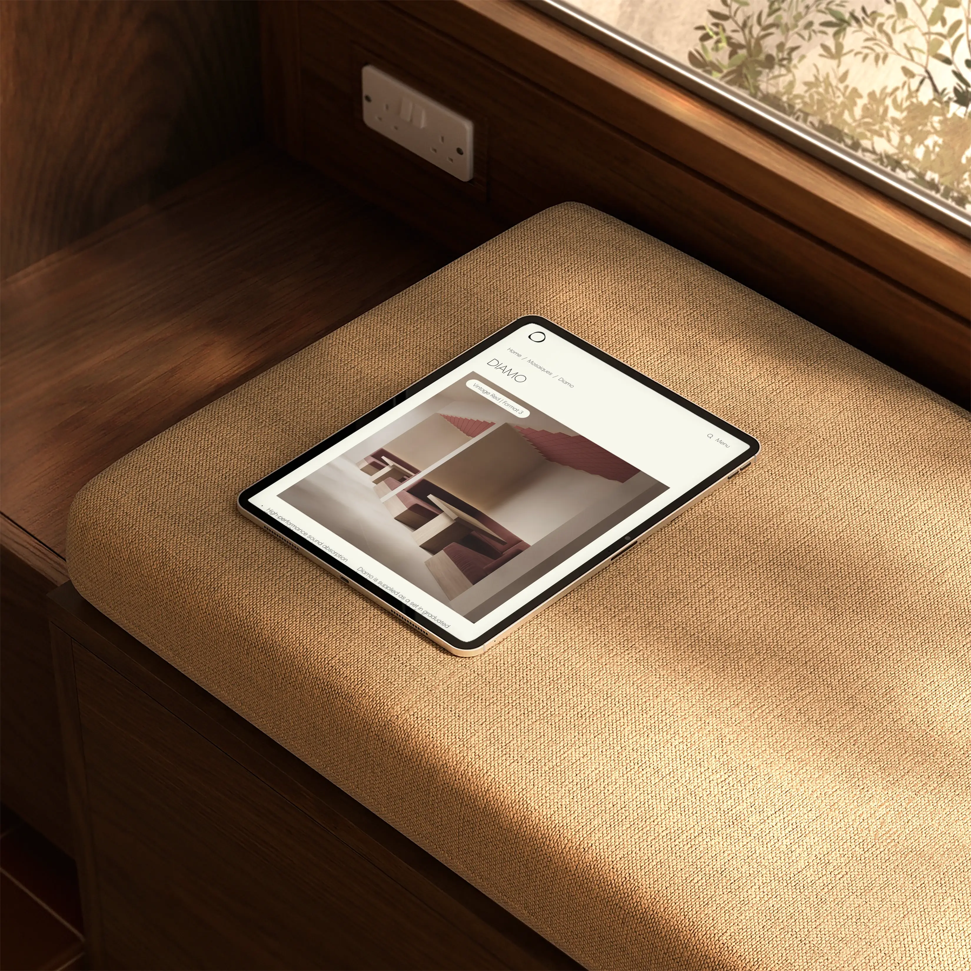 Oido Acoustics website on a tablet resting on a woven bench cushion