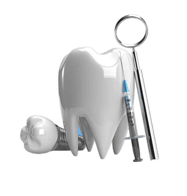 A graphic illustration of a tooth, a dental mirror, and a syringe, representing dental procedures and care.