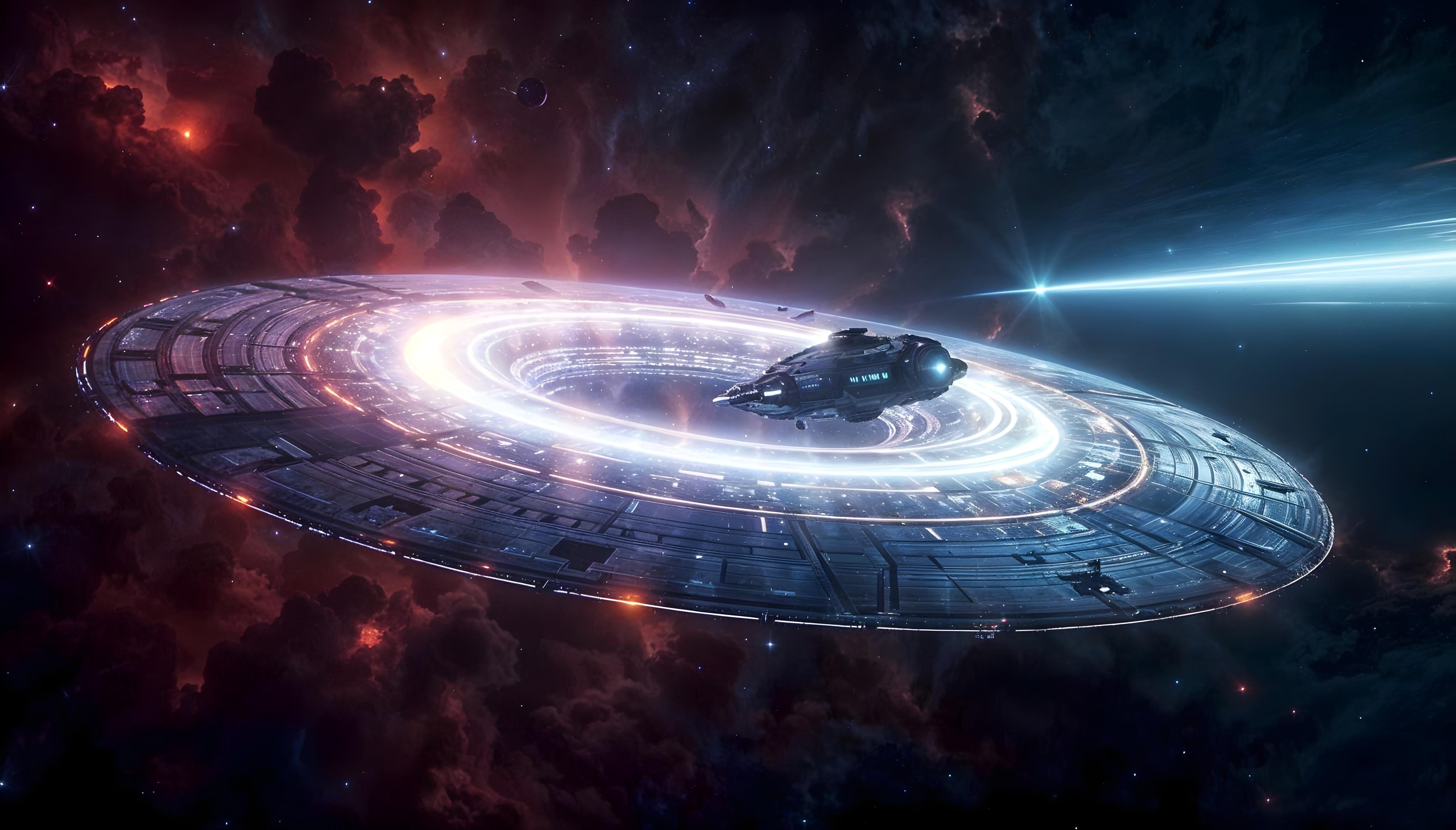 A futuristic spaceship travels through a Hyperspace portal with a circular design, surrounded by galaxies and nebulas. The portal emits a bright light as stars and cosmic dust form a vibrant backdrop.