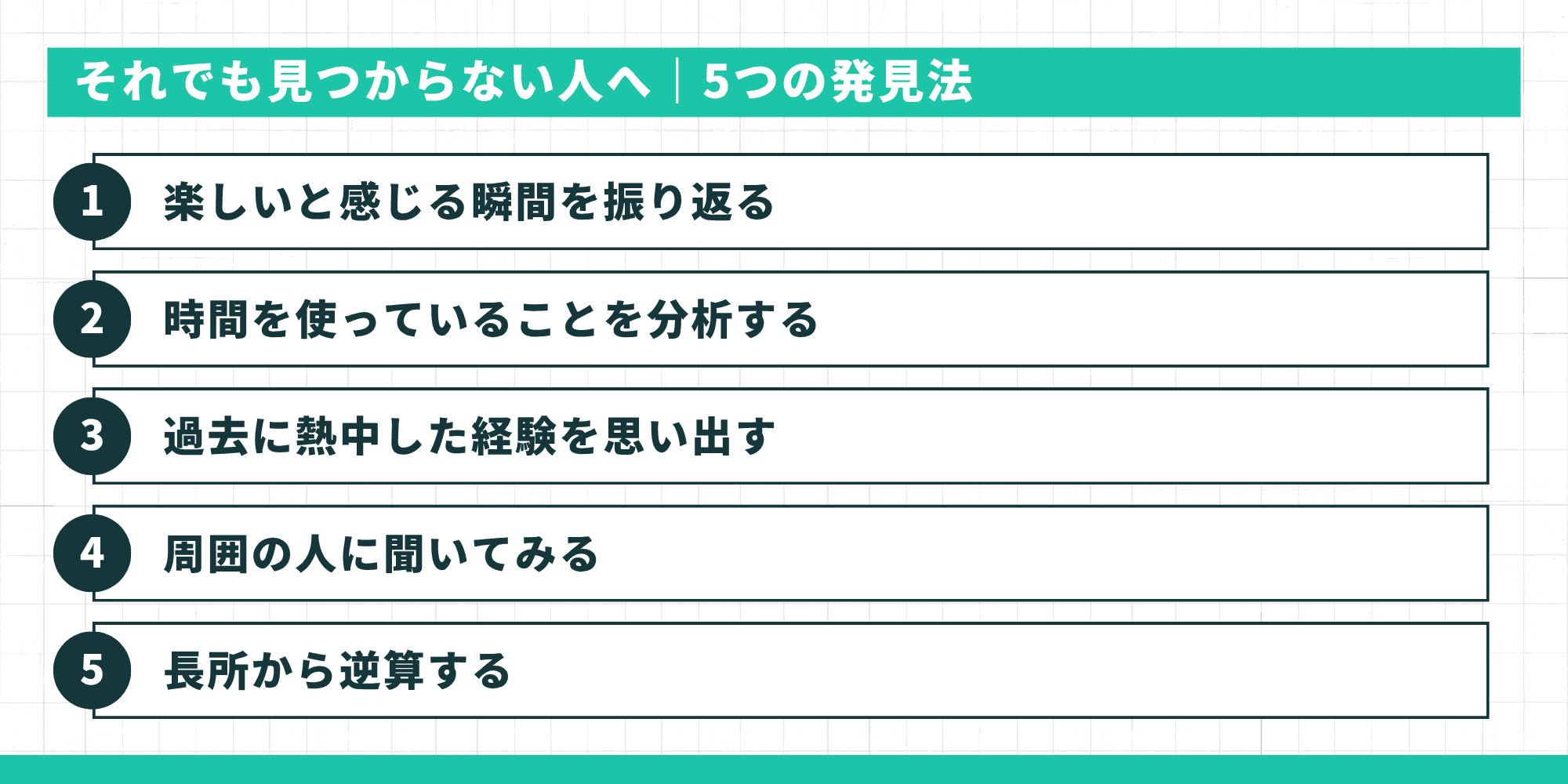 それでも見つからない人へ｜5つの発見法：楽しいと感じる瞬間を振り返る、時間を使っていることを分析する、過去に熱中した経験を思い出す、周囲の人に聞いてみる、長所から逆算する