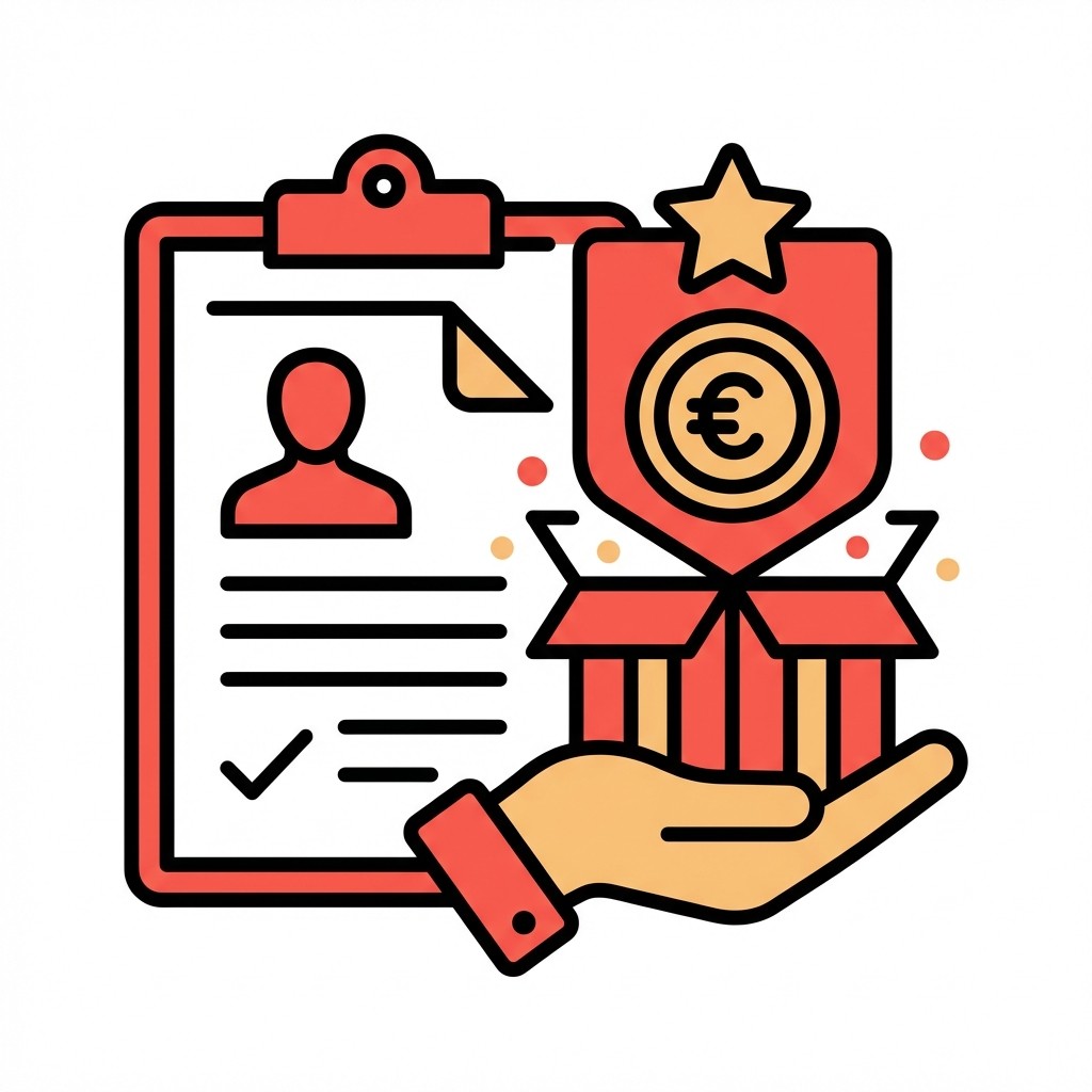 Icon für Vergütungspakete: Klemmbrett mit Profil und eine Hand mit Geschenkbox sowie Euro-Schild.