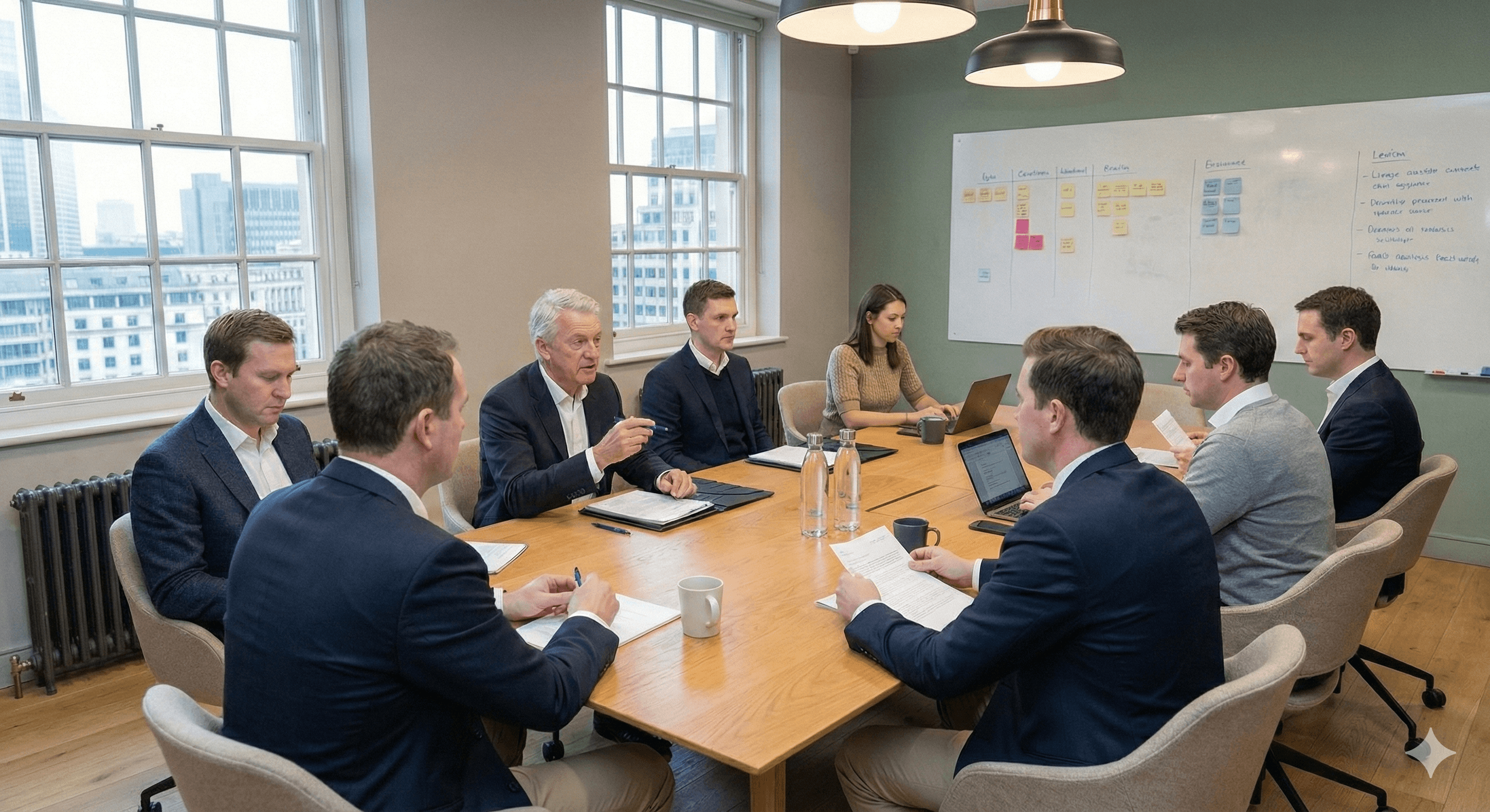 A group of business professionals engage in a strategic meeting around a large wooden table in a modern office, featuring a whiteboard with charts and windows offering a city view, illustrating a collaborative atmosphere in the context of CEO AI investments.