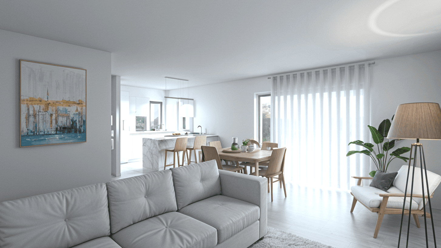 Modern living room with natural light, a comfortable sofa, and dining area in an elegant two-bedroom apartment.