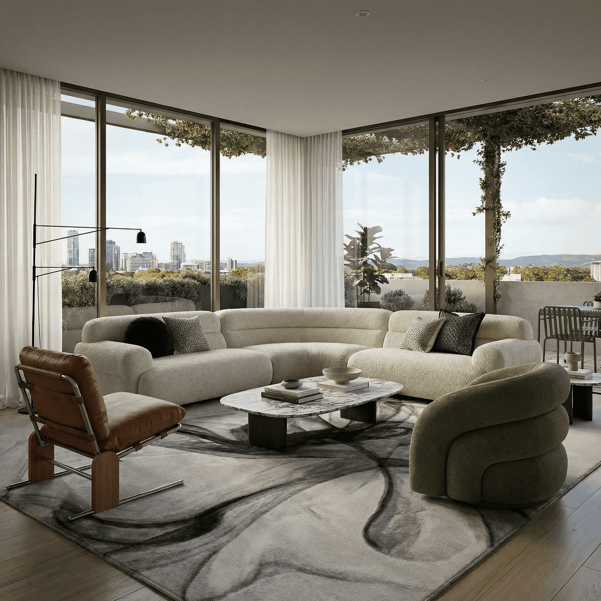 Terracotta arches with curved steps and a reflective water basin illuminated by warm light.