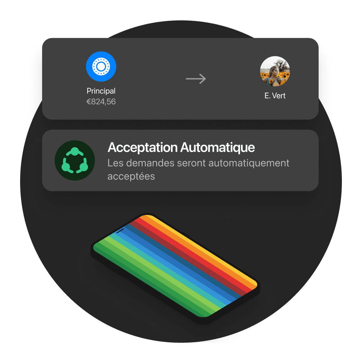Image d'une interface utilisateur affichant l'état de la batterie, les options de recharge et un tapis de chargement coloré.