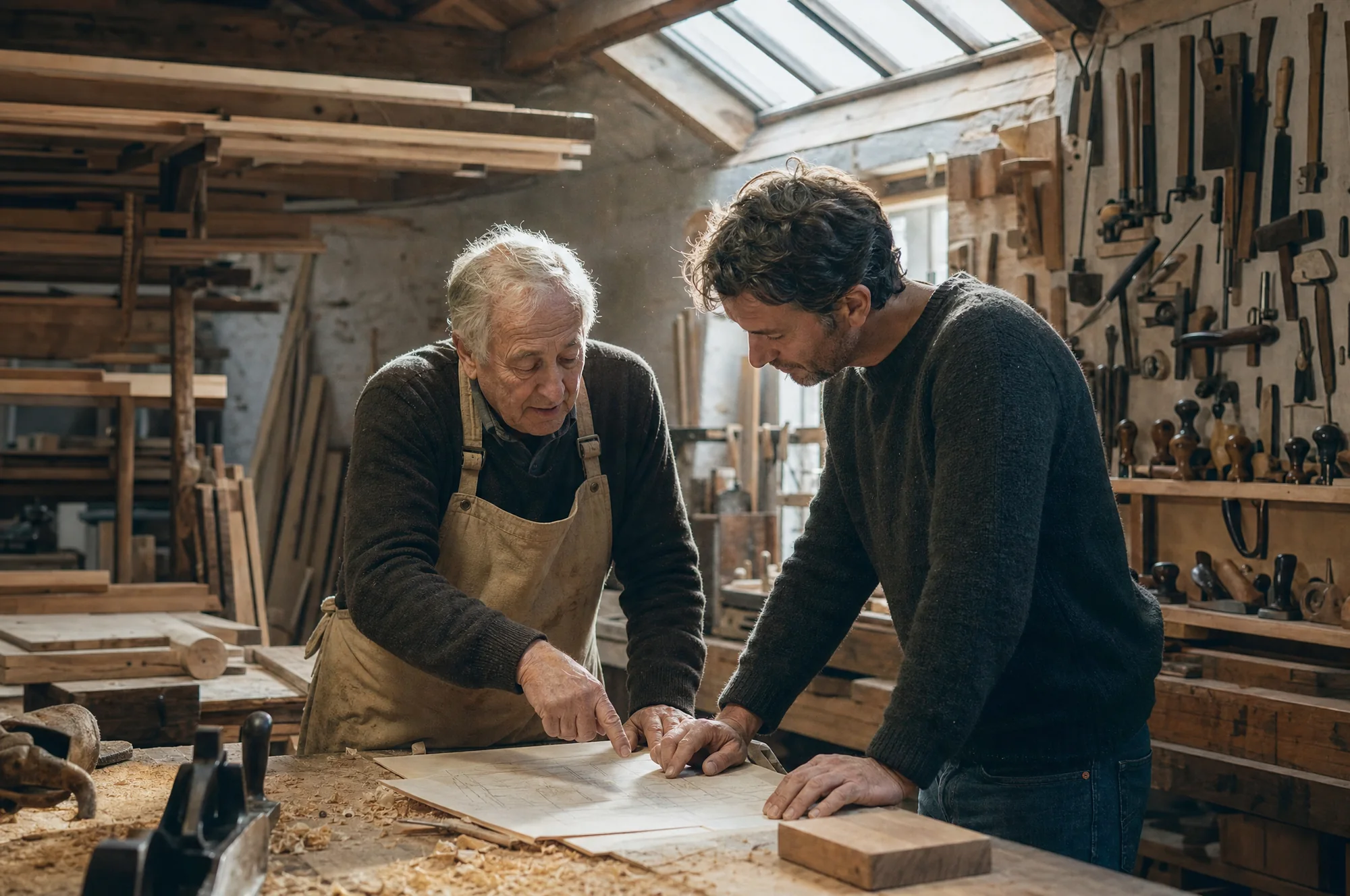 A joiner in his seventies and his son going over a drawing at the workbench