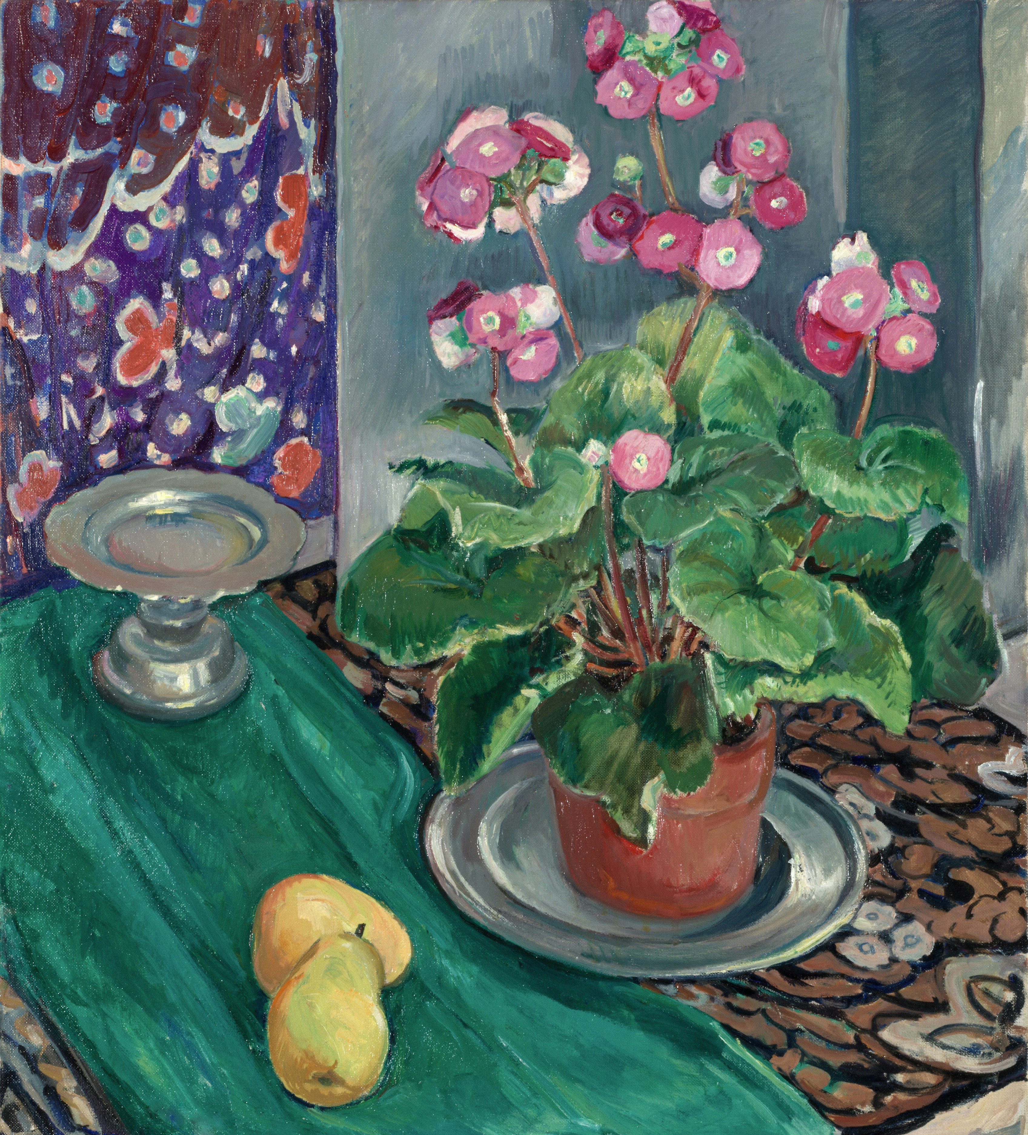 Potted pink flowers with pears and fruit bowl.