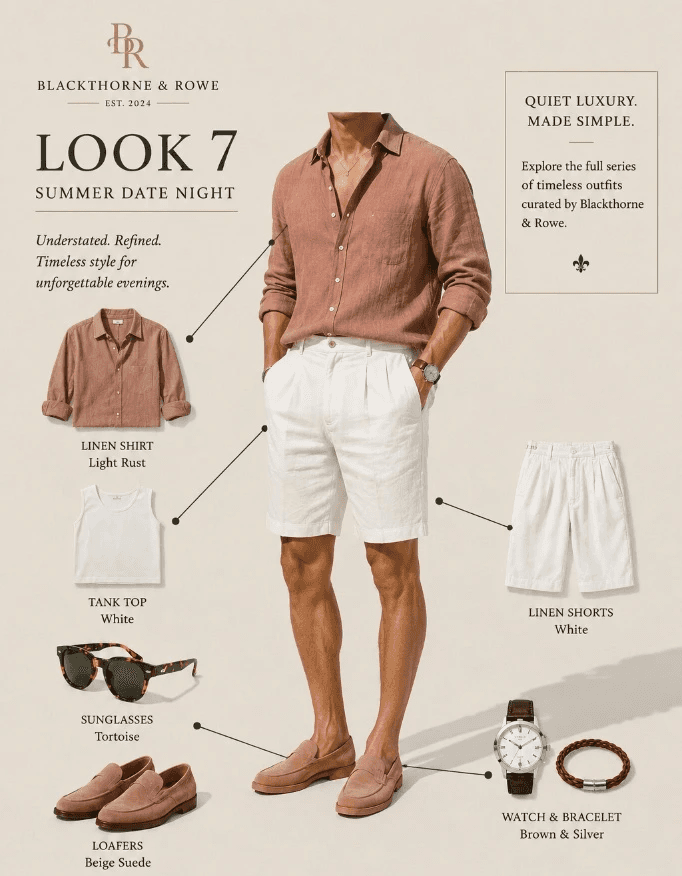 A style guide infographic from Blackthorne & Rowe titled "LOOK 7: SUMMER DATE NIGHT." In the center, a man models a smart-casual summer evening outfit featuring a light rust-colored linen button-down shirt with rolled-up sleeves and pleated white linen shorts, paired with beige suede loafers. Product callouts with thin pointing lines display individual items: a linen shirt in "Light Rust", a white tank top, tortoise-shell sunglasses, beige suede loafers, white linen shorts, and a classic silver watch with a brown leather strap alongside a braided brown and silver bracelet. The top right corner includes a box stating "QUIET LUXURY. MADE SIMPLE." while a dark green banner at the bottom reads "CLICK THROUGH" to view the full collection.