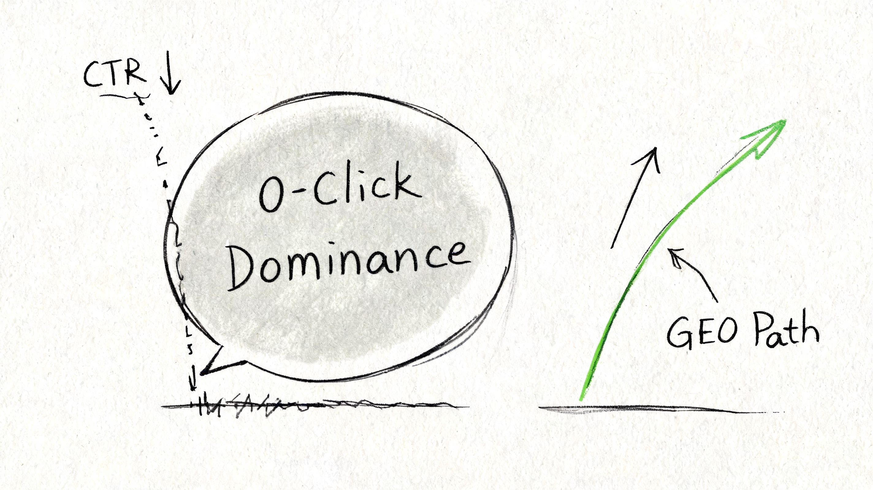A hand-drawn illustration depicting the concept of 0-click dominance alongside a rising growth trajectory for SEO.
