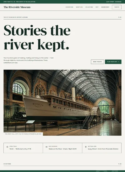 Museum website built with AI showing a large serif headline above a photograph of a grand hall with a historic steamer