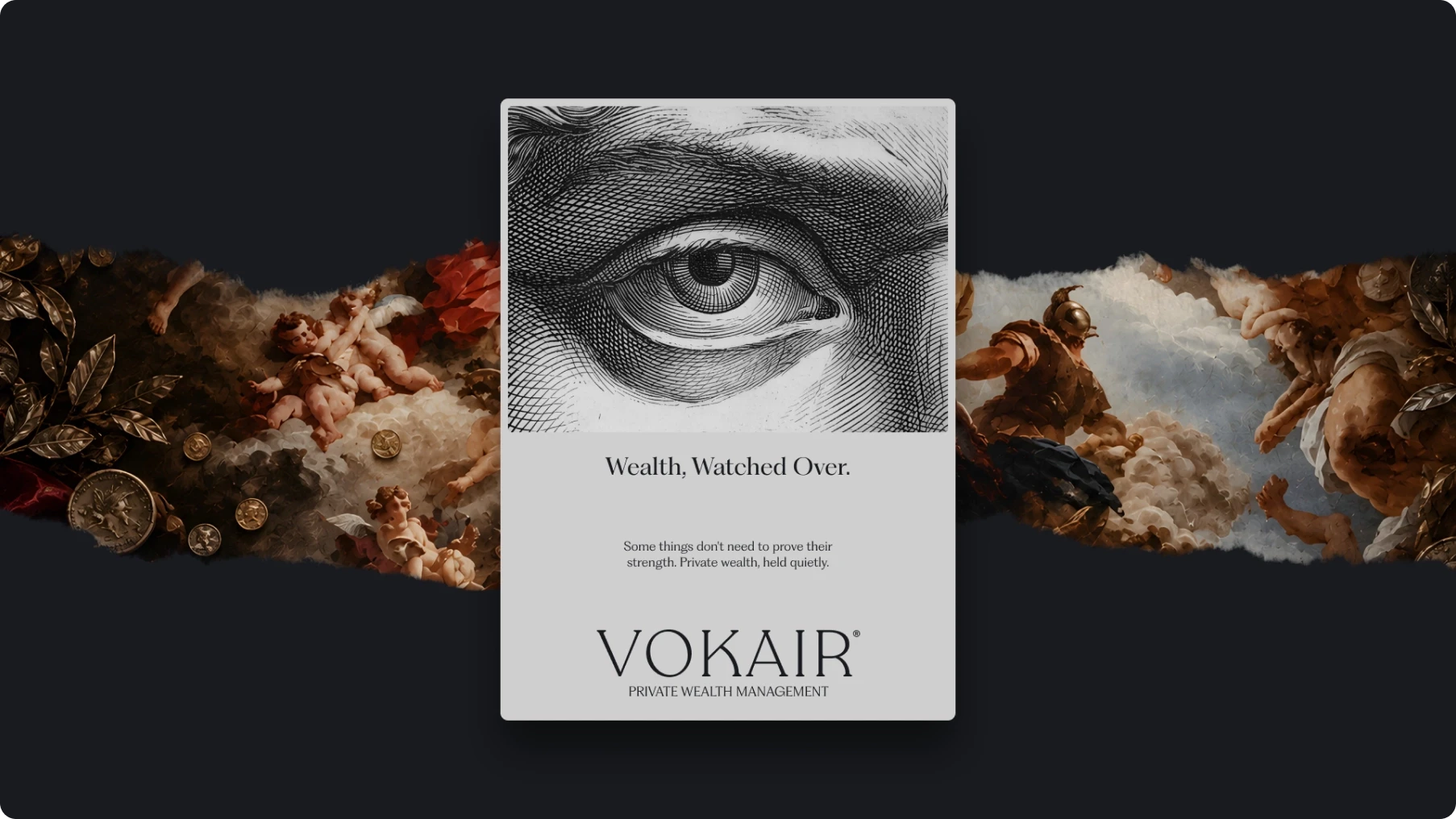 Centered card shows a watchful eye above “Wealth, Watched Over” and Vokair Private Wealth Management, framed by coins and clouds.