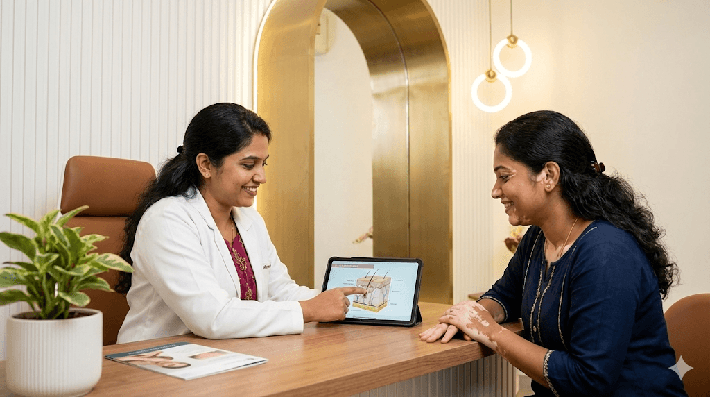 A patient and doctor sitting together, discussing a treatment plan with a reassuring demeanor.