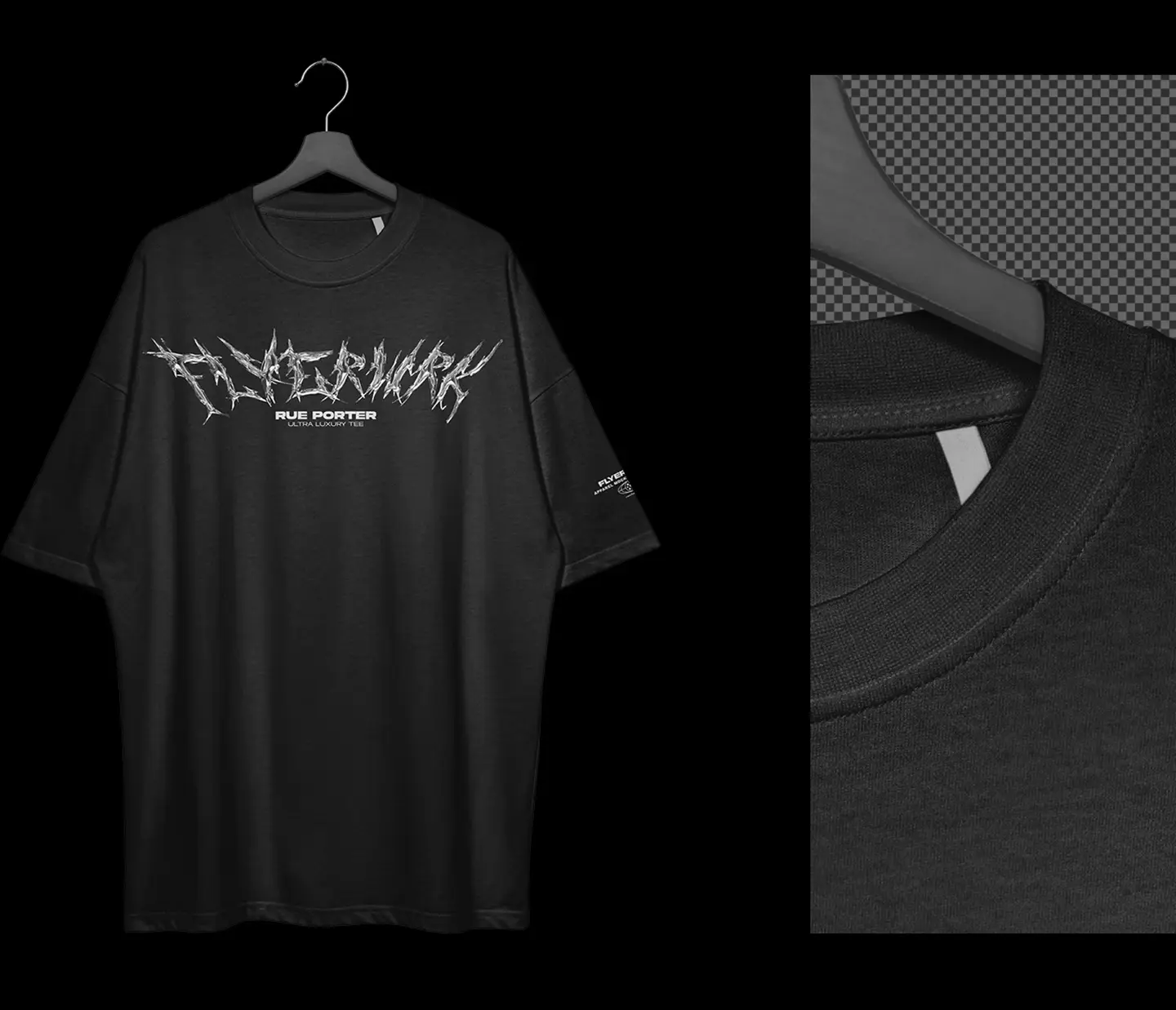 Rue Porter T-Shirt hanging mockup fabric detail close up high resolution