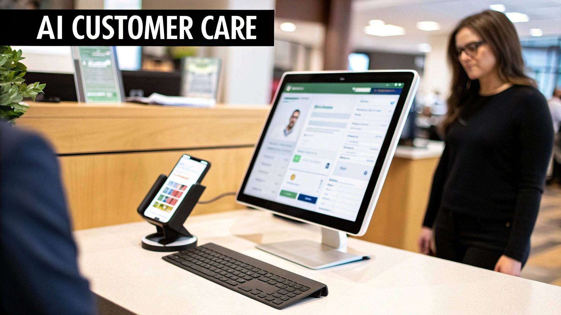 A modern service desk with a computer displaying a customer profile, a smartphone, and a person.