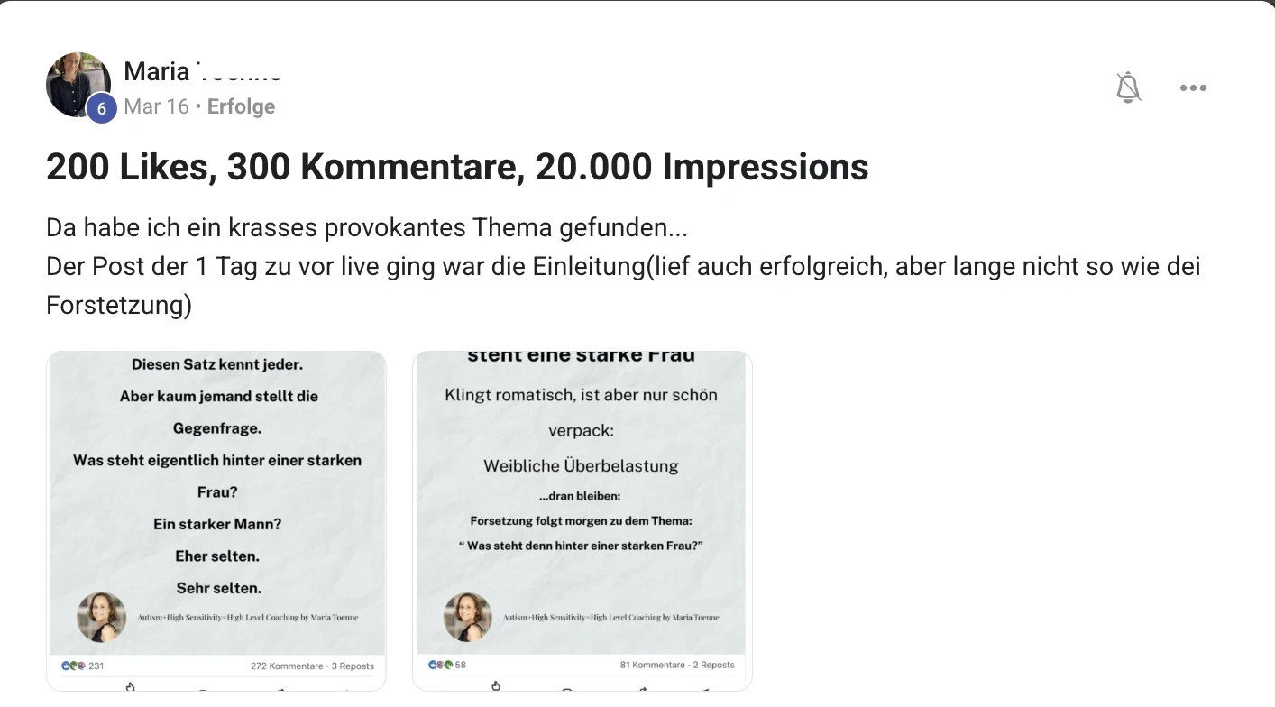 Erfahrungsbericht KI Creator Akademie: Coach Maria erzielt 20.000 Impressionen mit provokantem Thema