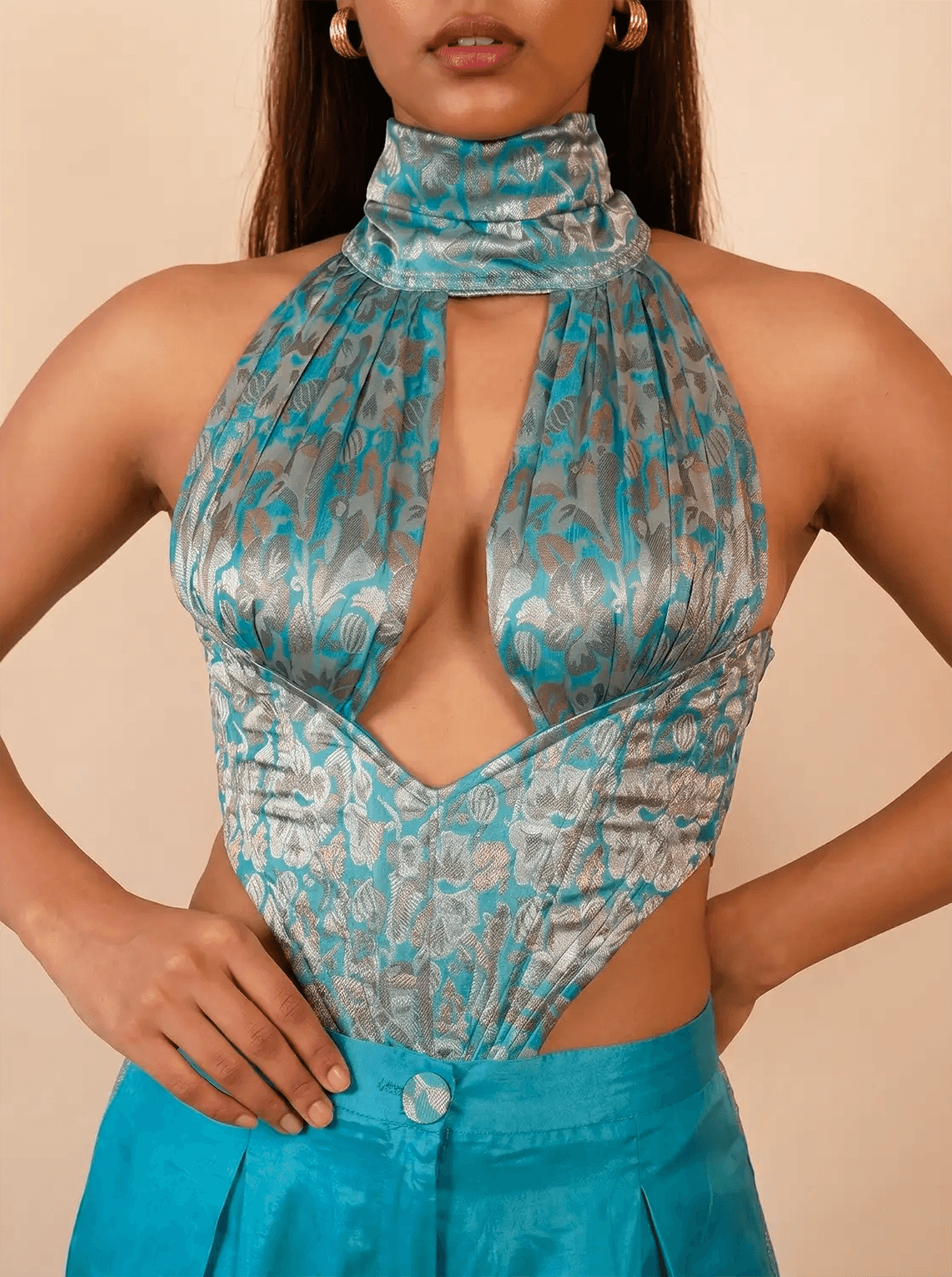 Vivienne printed silk tube corset handcrafted from vintage saree with halter neckline, deep V cut and choker-style collar