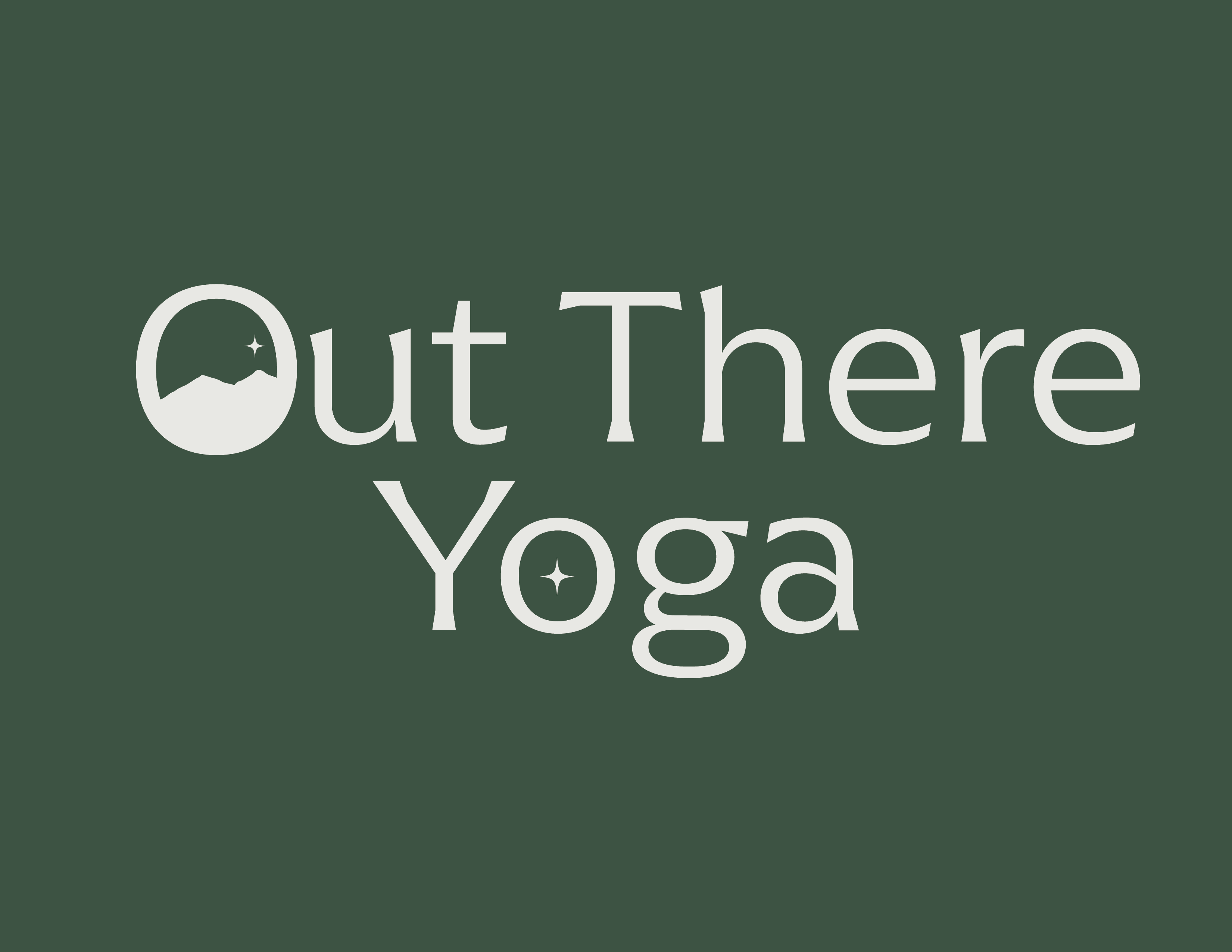 Image of text saying "out there yoga" with a dark green background