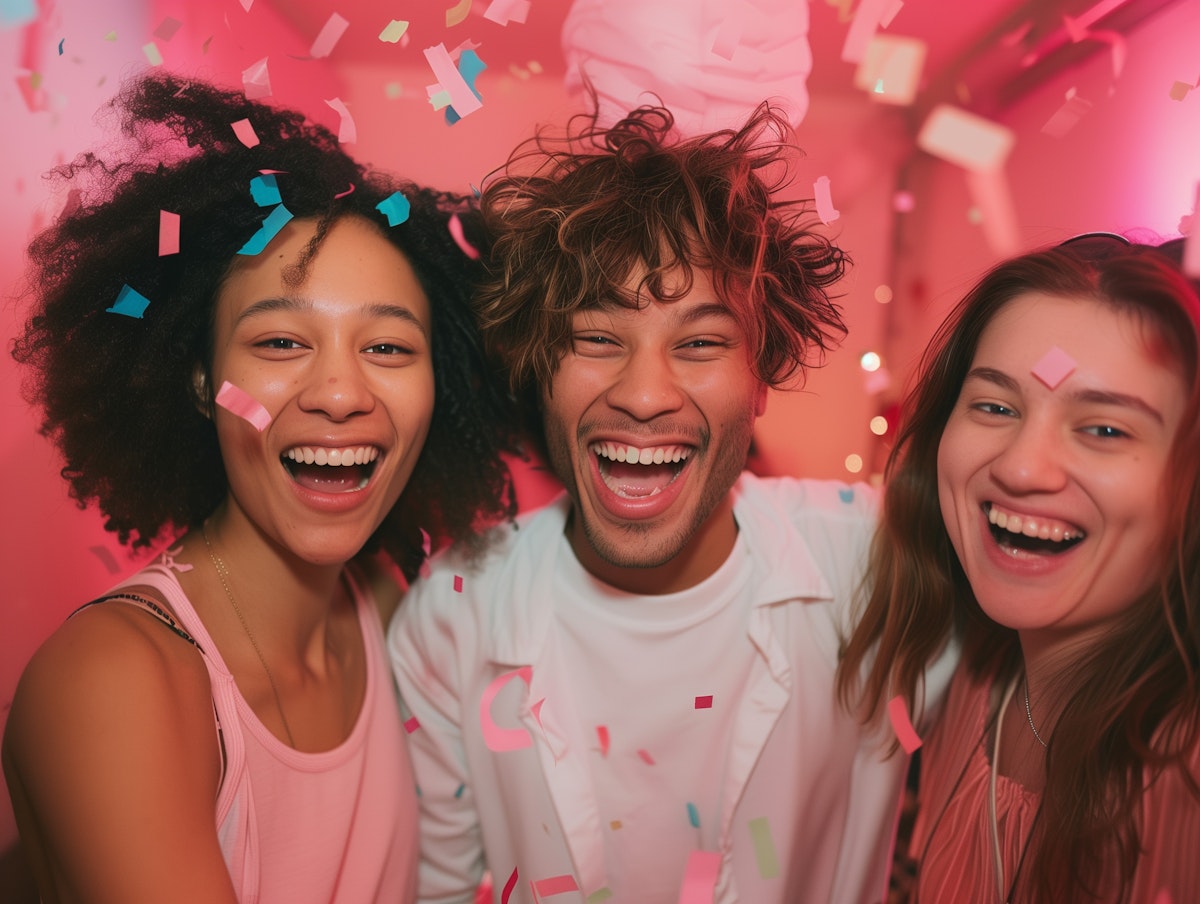 Three joyful people, one with confetti, smiling brightly at a party.