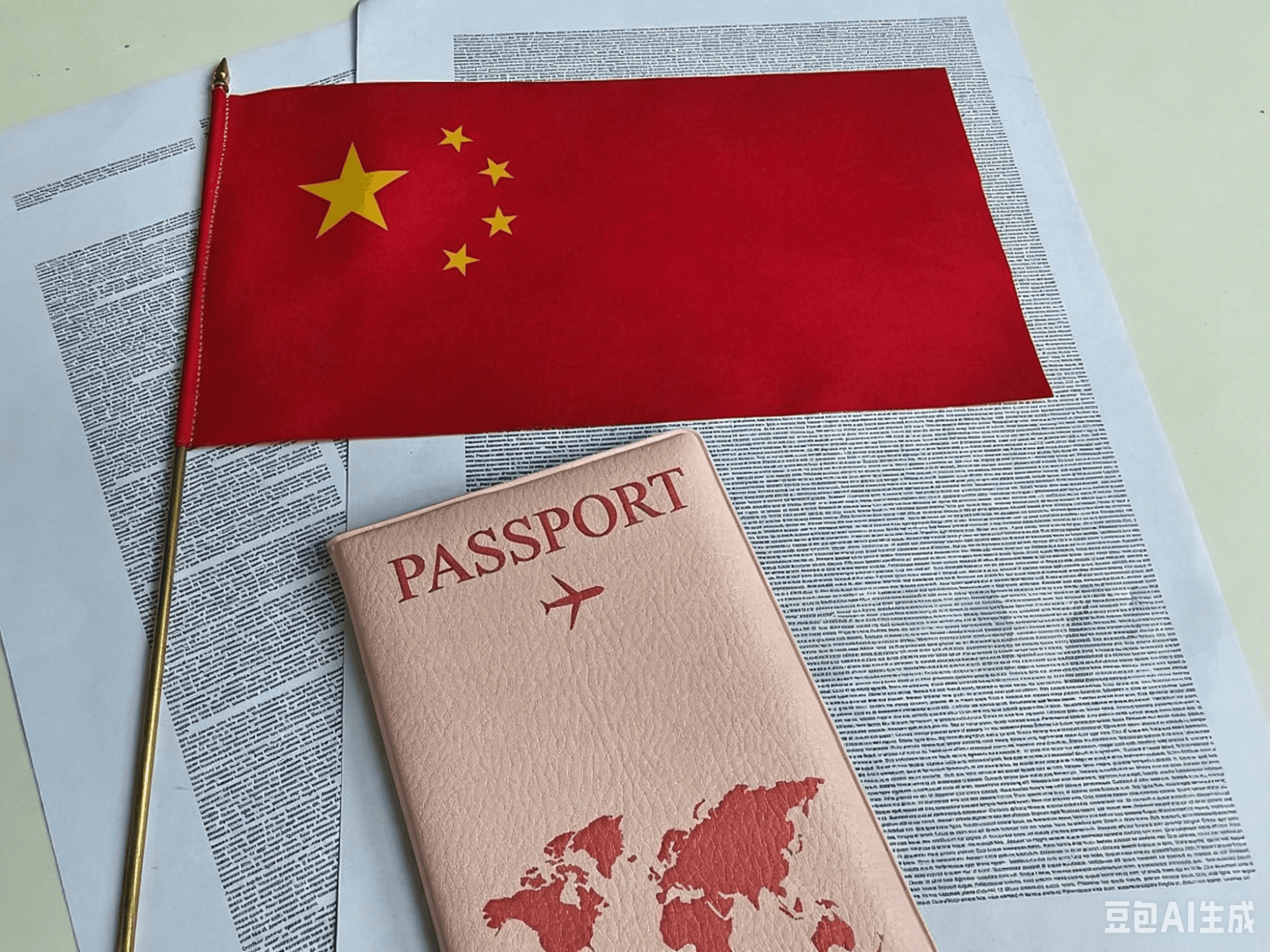 Chinese flag, passport holder and documents