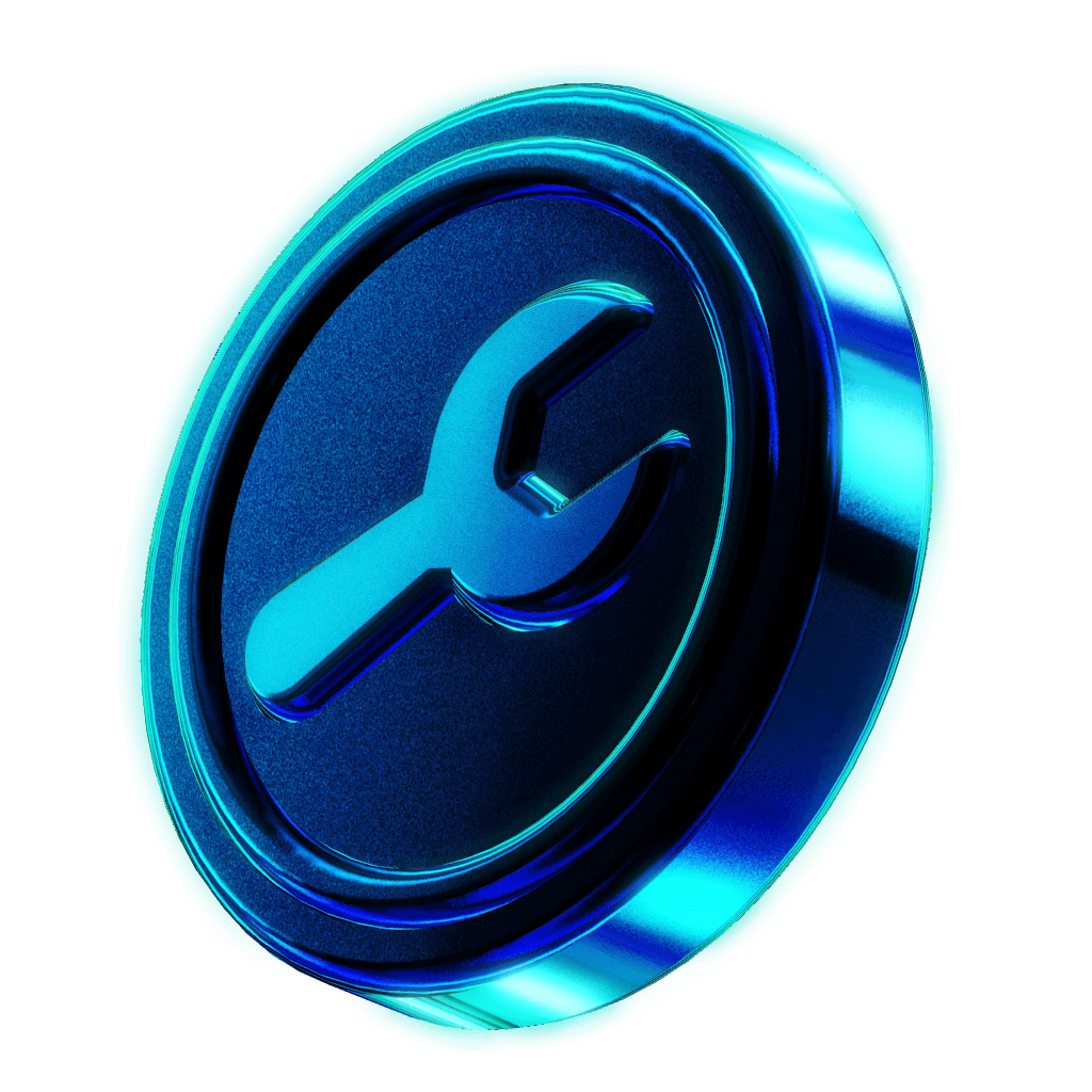 Shiny 3D Coin in Glassy Blue Color with a Wrench Icon Graved on Top 
