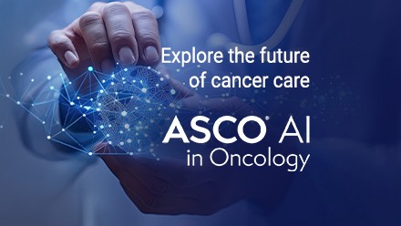 A doctor’s hand hovers over a digital network graphic. Text reads, "Explore the future of cancer care. ASCO AI in Oncology," conveying innovation and technology.