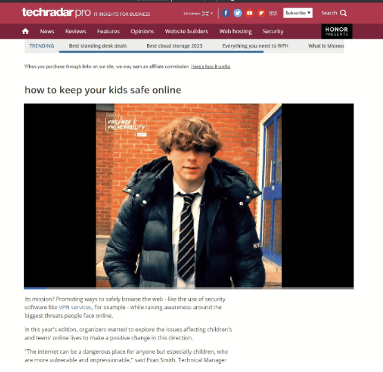 Example display ad from the Essex VVU campaign, a video ad on a TechRadar article about keeping kids safe online