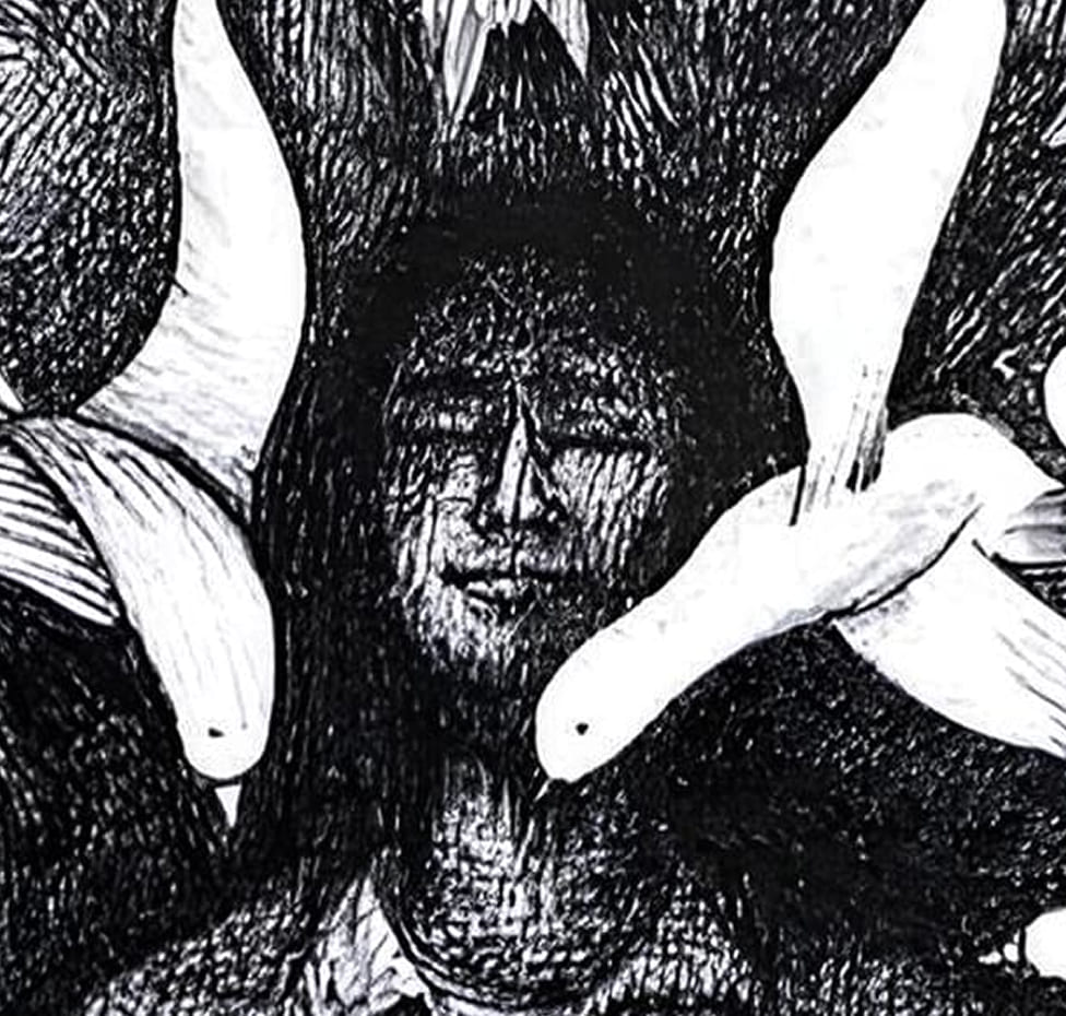 Close-up of a solitary figure surrounded by flying doves, symbolizing inner freedom, thought, and the emergence of imagination.