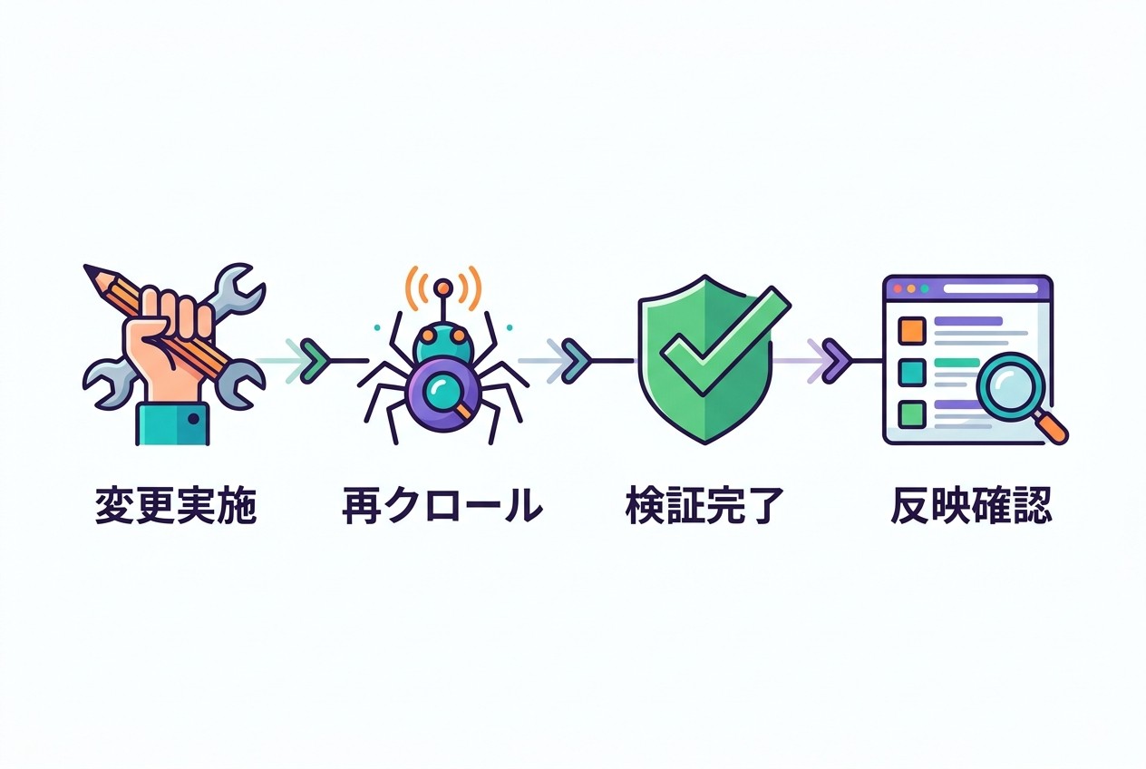 構造化データ更新から検索結果反映までの標準的なタイムライン。変更実施から反映確認まで通常7〜21日、URL検査ツール活用で3〜7日に短縮可能。