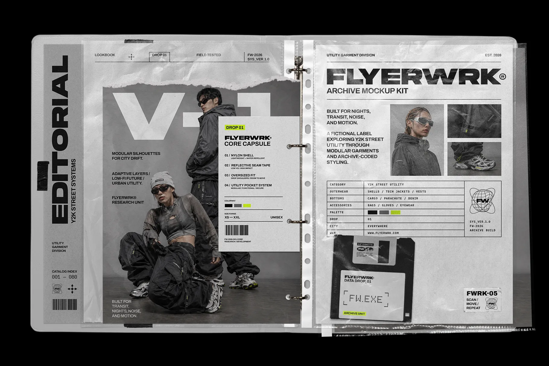 Editorial Archive Mockup Kit fashion lookbook scene with layered binder pages