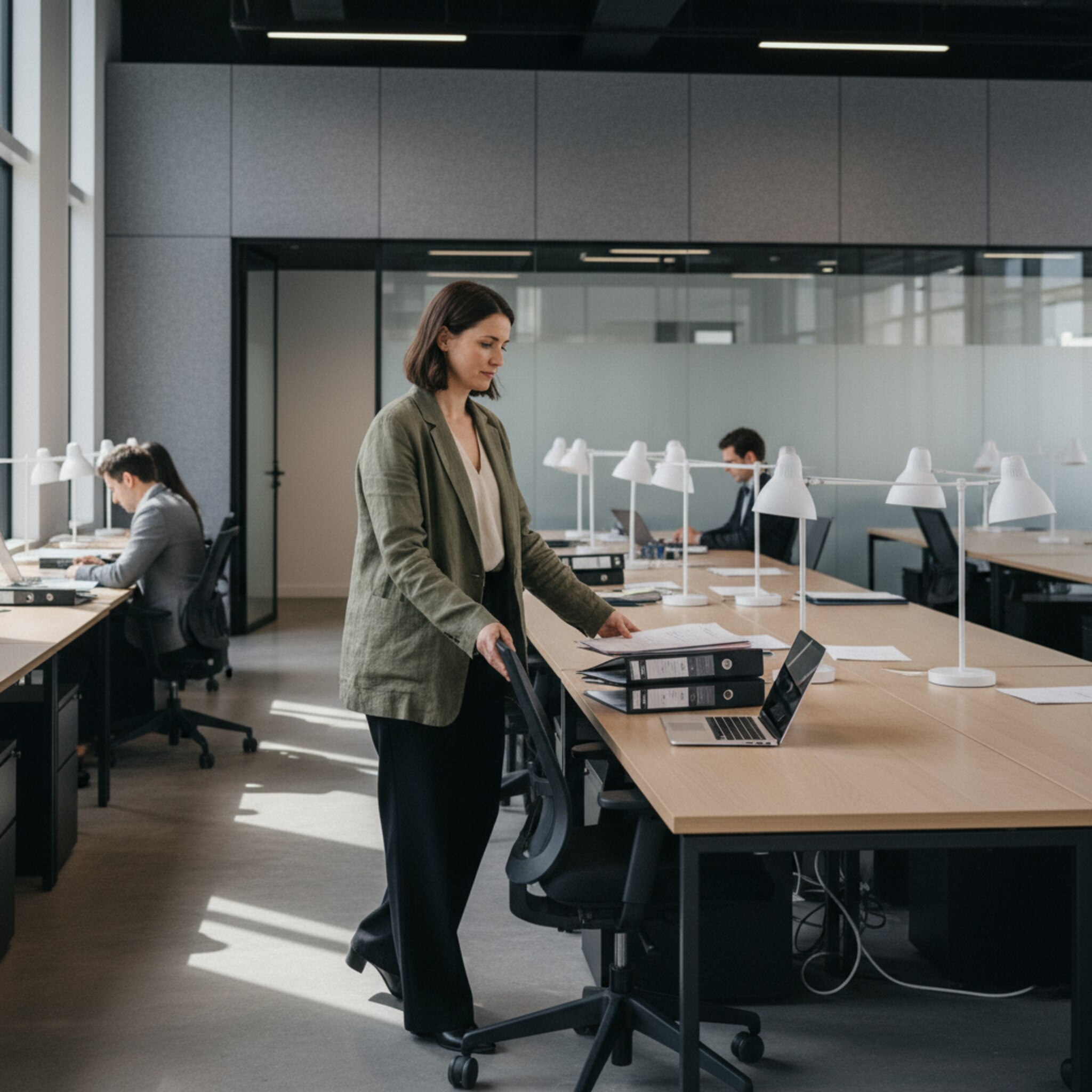 Eine Mitarbeiterin betritt den Silent-Bereich, legt Laptop und Akten auf einen freien Schreibtisch und rückt den Stuhl heran. Reihen ordentlicher Tische, gedämpftes Licht und eine ruhige, konzentrierte Atmosphäre vermitteln Klarheit. Die Szene zeigt, wie reibungslos die tägliche Platzwahl ablaufen kann.