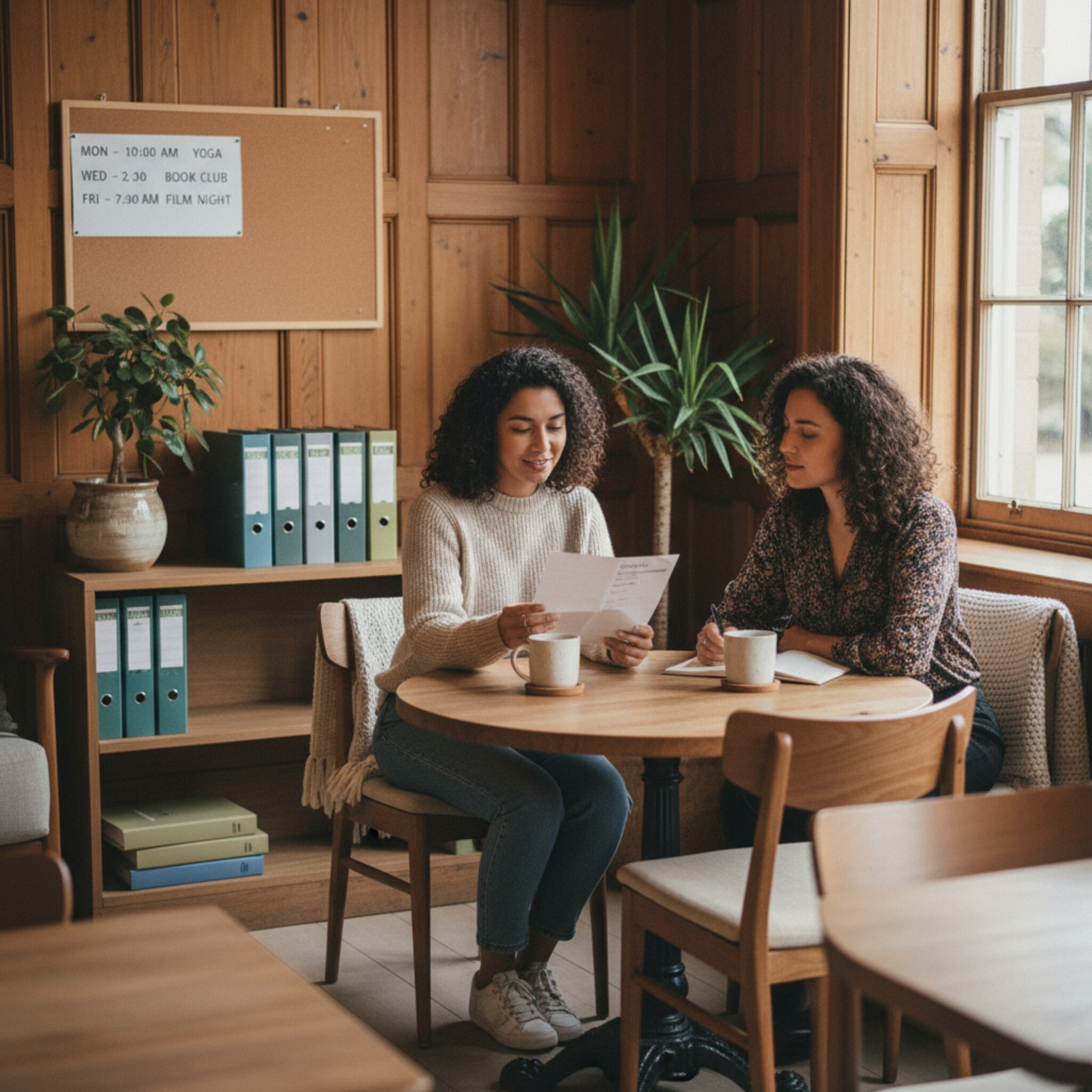 In einer gemütlichen Vereinslounge sitzt ein Mitglied an einem Holztisch, prüft einen Ausdruck mit Kursübersicht und spricht mit einer Betreuerin. Nebenan hängt ein einfacher Aushang mit Terminen. Ordentliche Ordner im Regal vermitteln Struktur und Nachvollziehbarkeit.