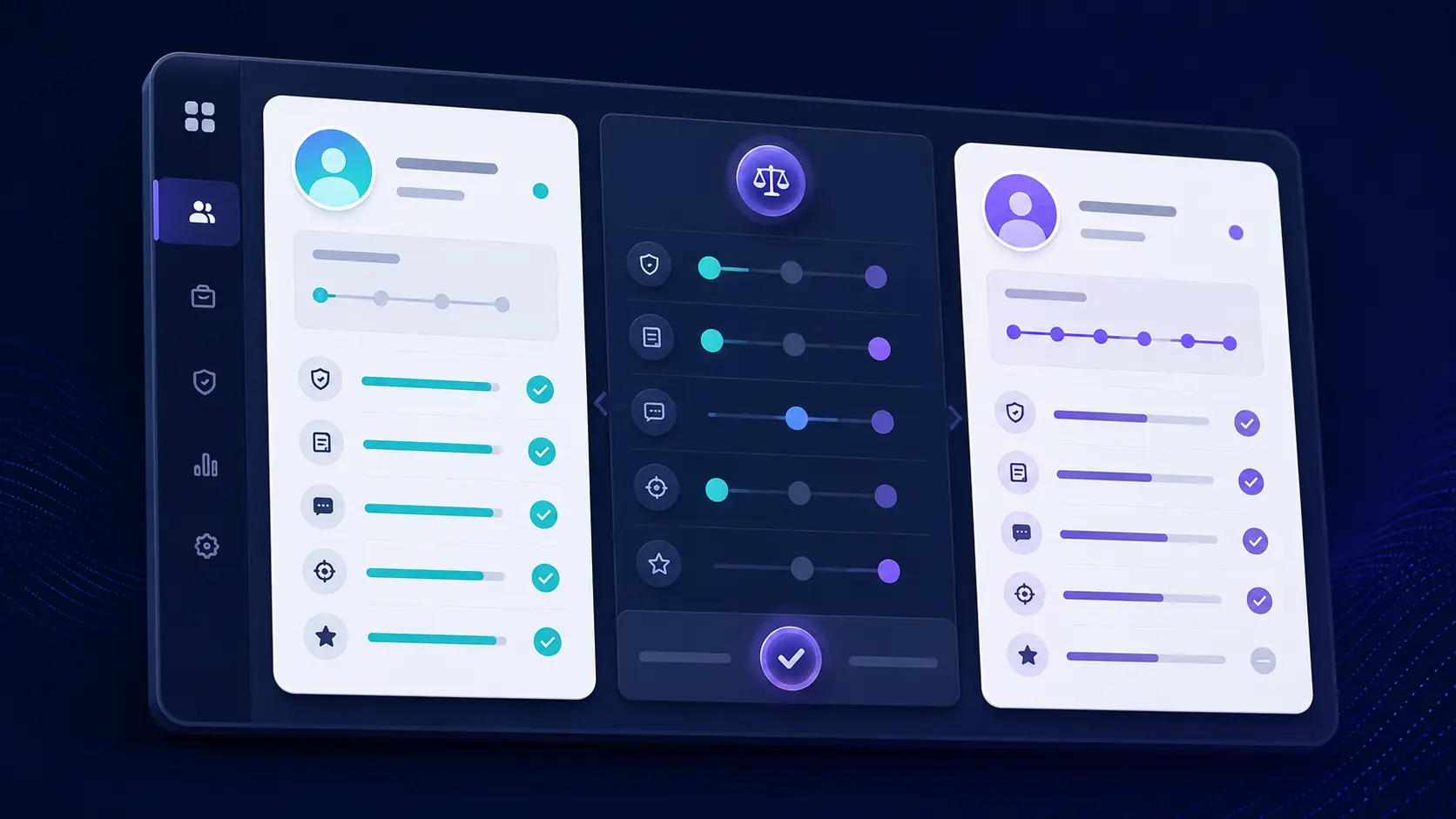 A SmartBid-style dashboard compares two abstract client profiles across verification, scope, engagement, competition, and fit signals.