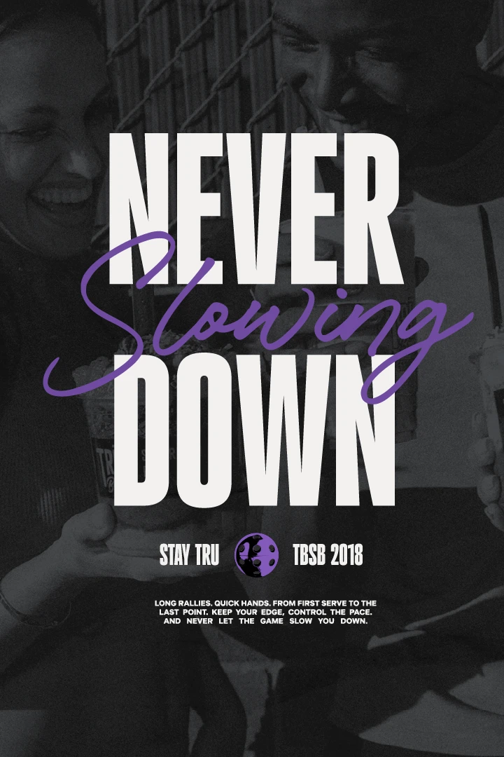 Social media example for a superfood and smoothie brand. This design shows friends with bowls and the words 'Never slowing down'