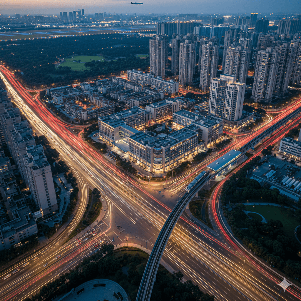 Aerial view of urban highway interchange and city lights, M3M 59 High Street connectivity