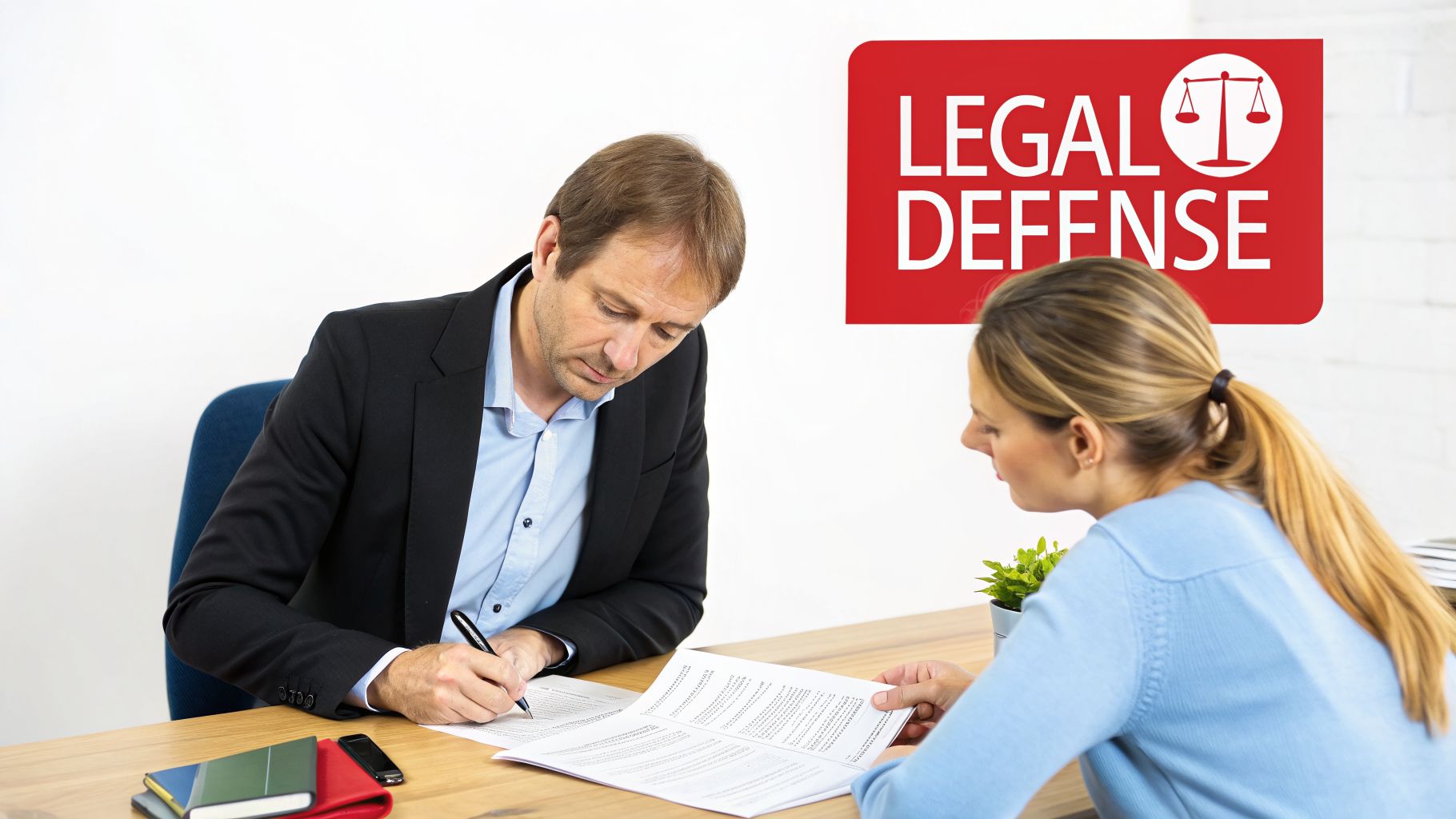 A lawyer assists a client in signing legal documents, with a 'Legal Defense' sign visible.