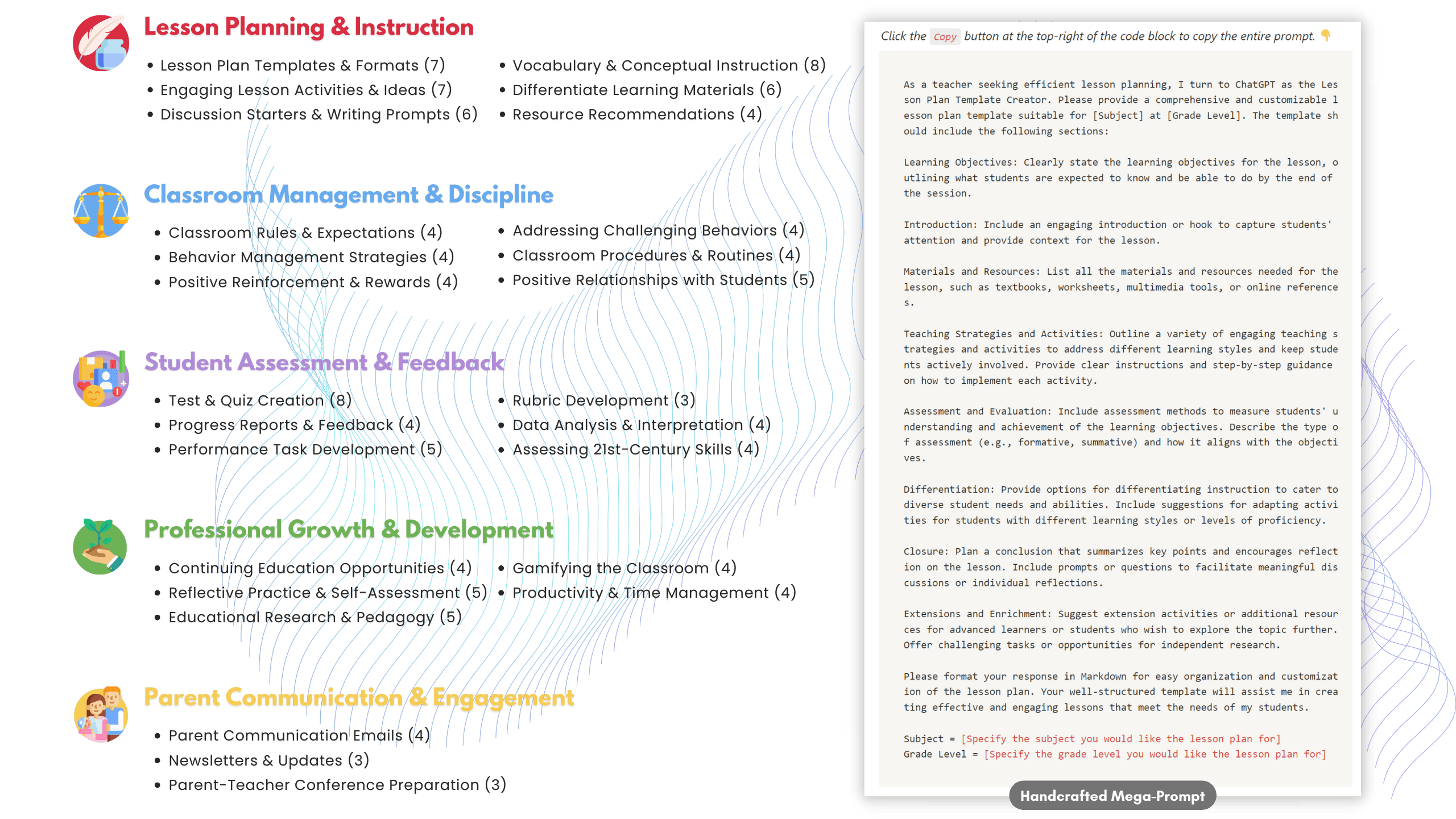 Collection of 120+ mega-prompts designed specifically for educators in the Teacher's A.I. Assistant Notion template, highlighting it as an essential tool for educators.