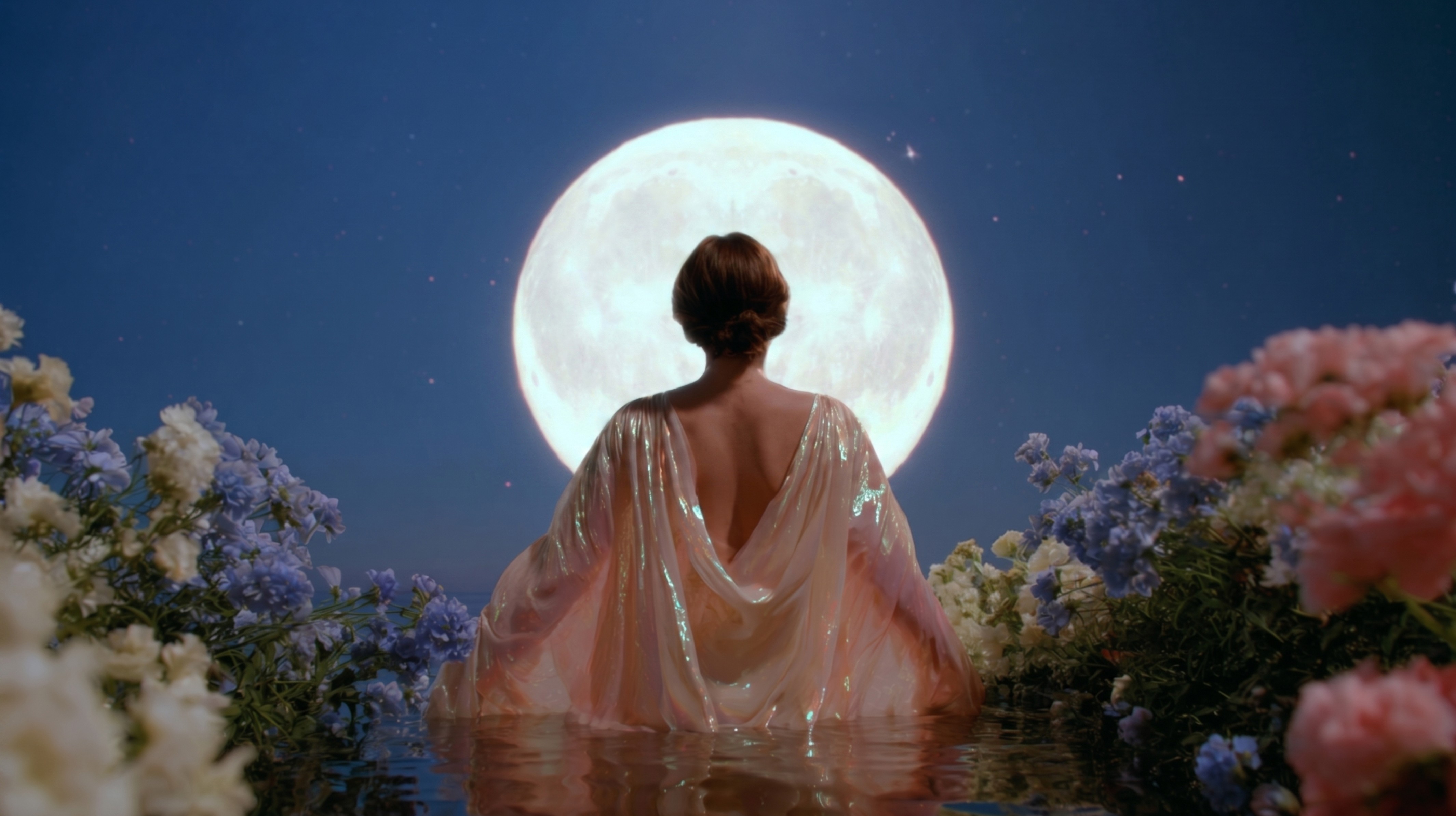 Woman standing in water facing the Full Moon, surrounded by flowers