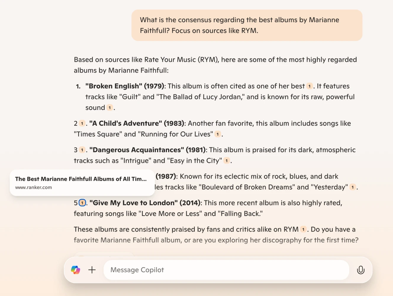 A Bing Copilot search result displaying a list of top-rated Marianne Faithfull albums